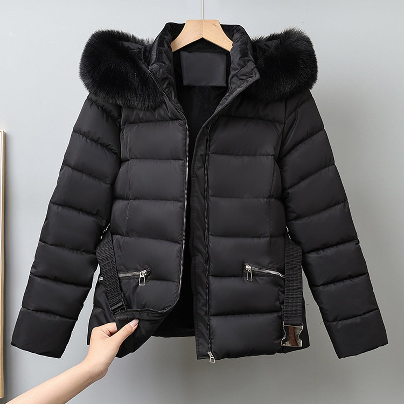 Chaqueta Mujer Abrigo Entretiempo Invierno Cazadora Plumiferos，Abrigo corto acolchado térmico con capucha sintética chaqueta cortavientos desmontable para clima frío femenina elegante y cálida