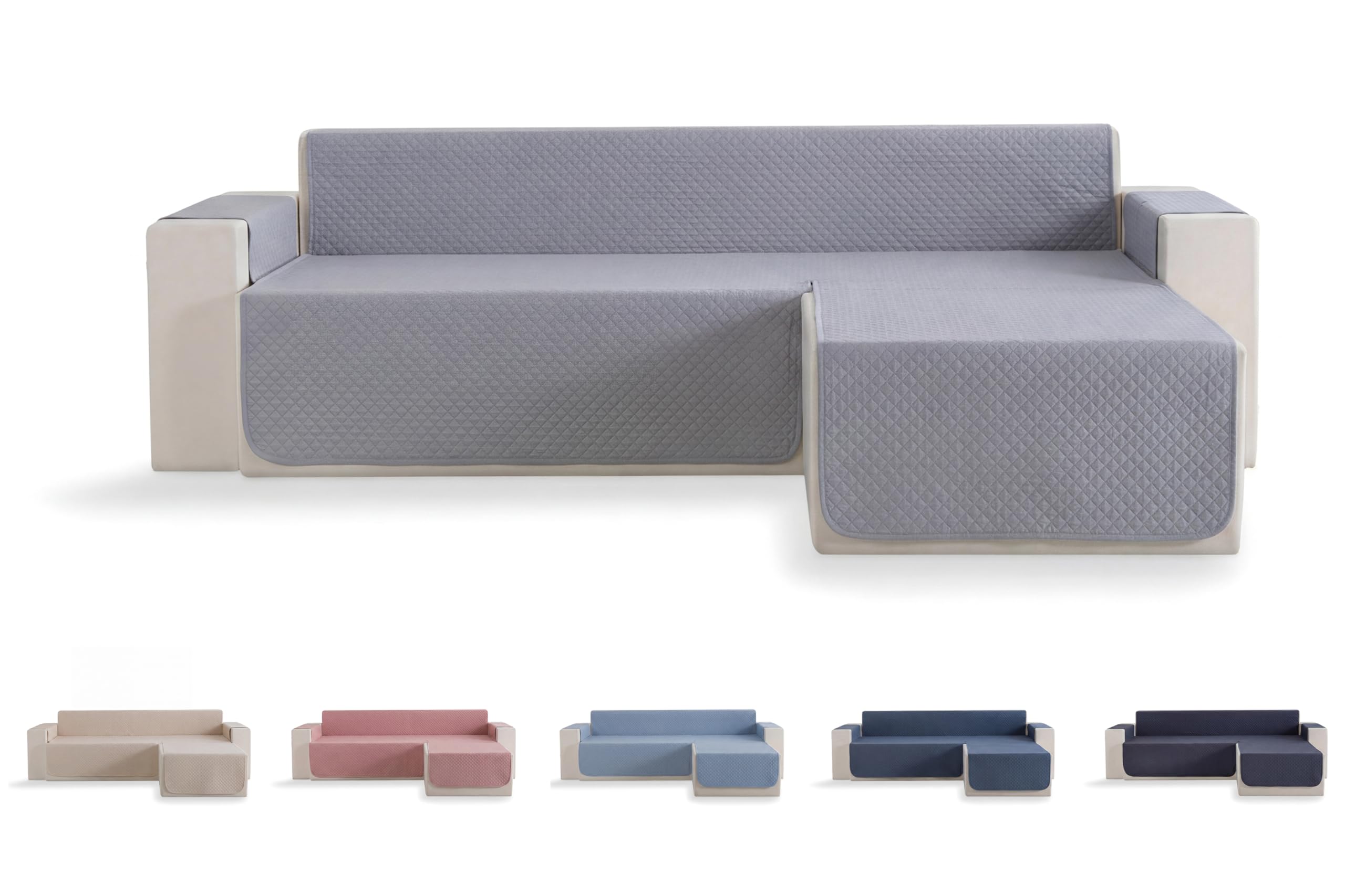 Todocama – Funda Cubre sofá, plazas, Protector de sofás Acolchado de Rombos, Transpirable, fácil de Limpiar, (Gris Claro, Chaise Derecho 200cm)
