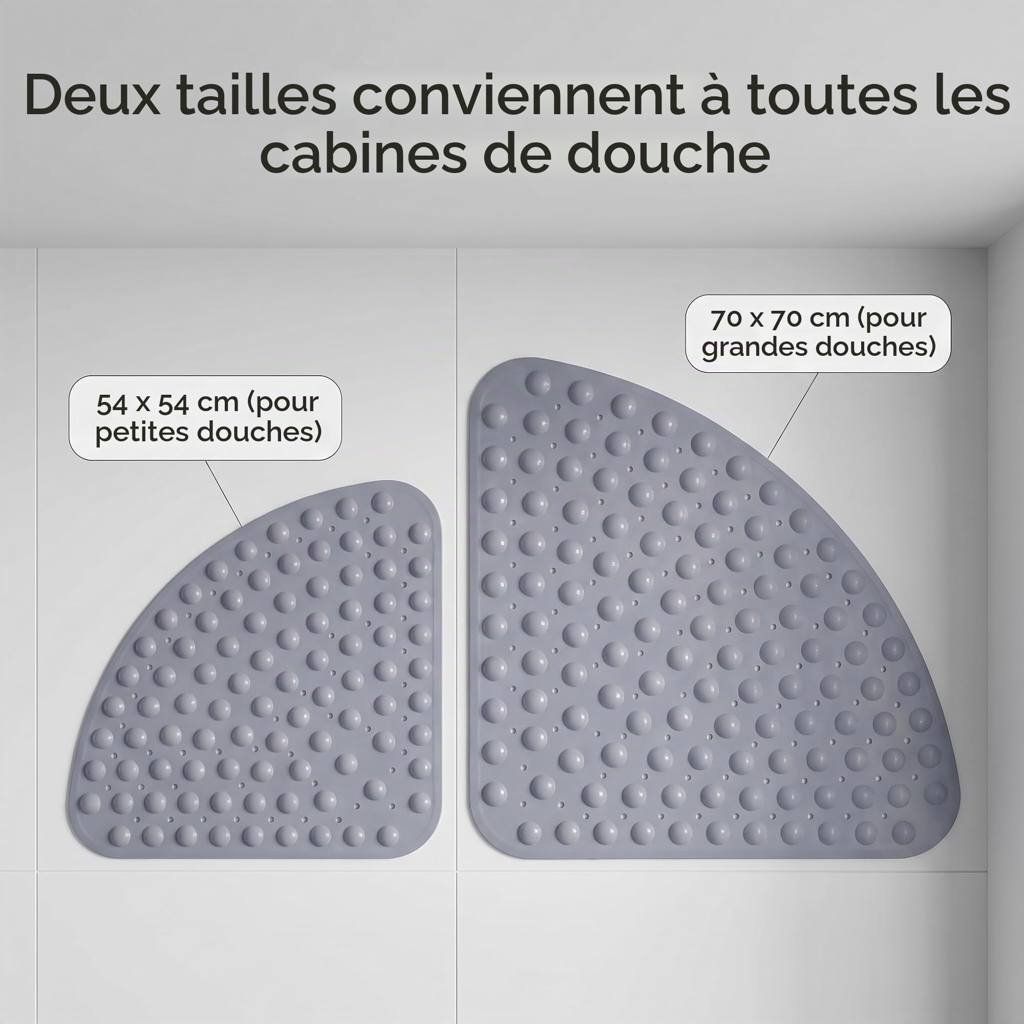 Tapis de Douche Antidérapant d'angle 70x70 cm Gris – Tapis de Bain en PVC avec Ventouses Puissantes et Trous de Drainage, Séchage Rapide, Anti-moisissure, Design Moderne, Lavable en Machine