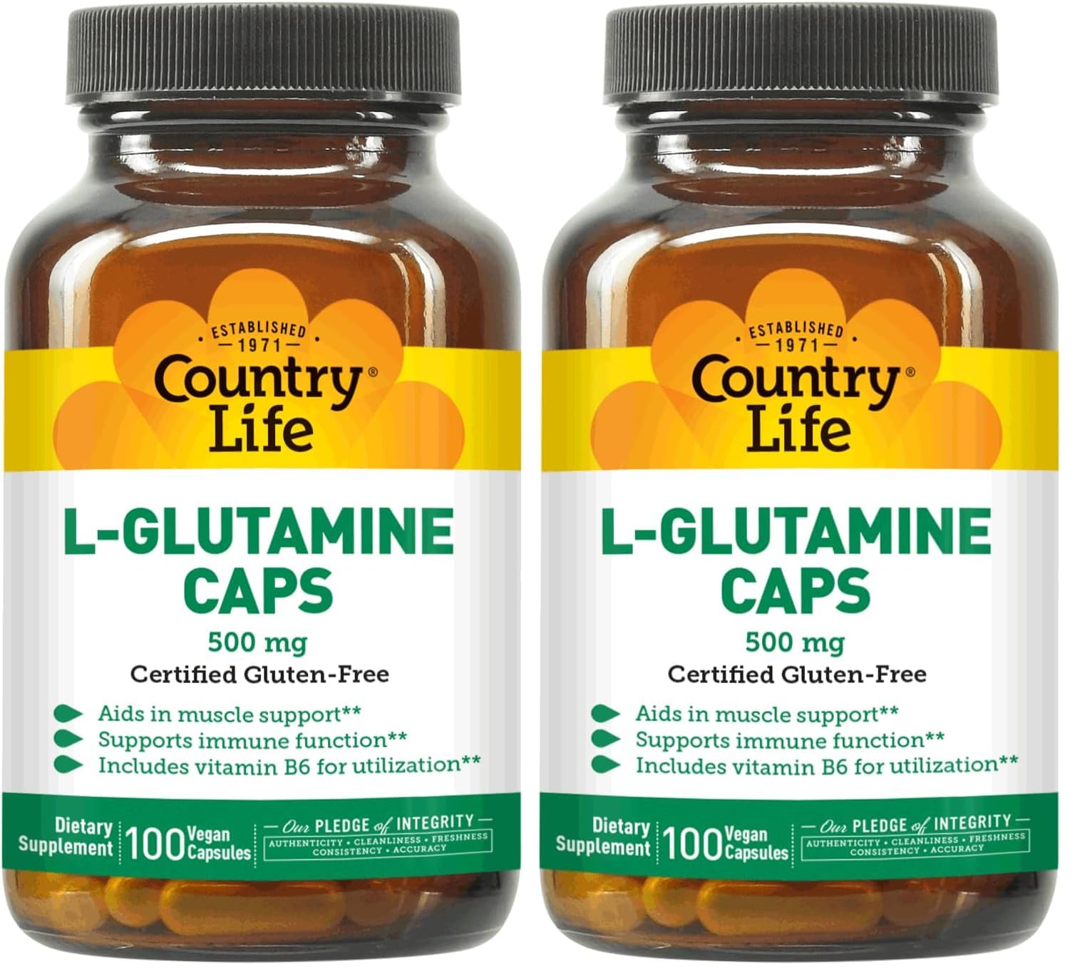Country Life L-Glutamine 500 mg with B6 – Supports Muscle Recovery, Endurance & Athletic Performance – Vegan, Gluten-Free, Kosher Amino Acid Supplement – 100 Capsules (Pack of 2) 100 Count (Pack of 2)