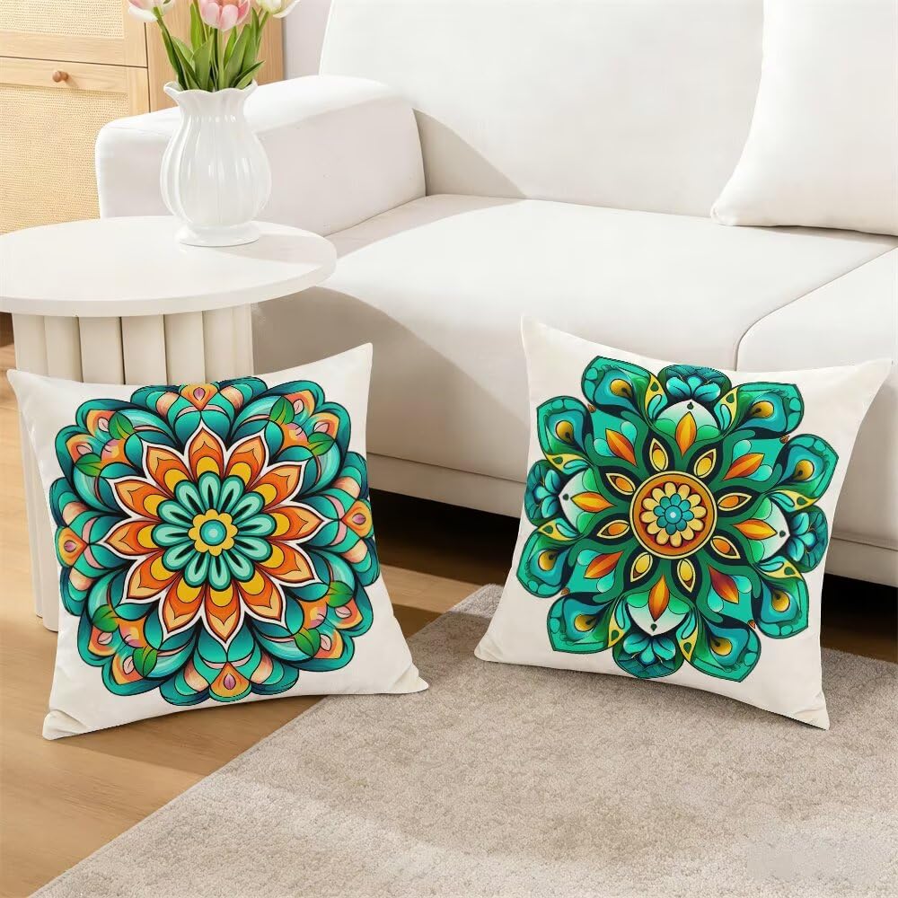 Federe Cuscini Divano 65x65 cm Federe Morbido Copricuscini Verde Smeraldo in Velluto, 2 Pezzi Copri Cuscini per Divano Boho Decorativi Federa Cuscino Mandala per Camera da Letto Soggiorno (IU7)