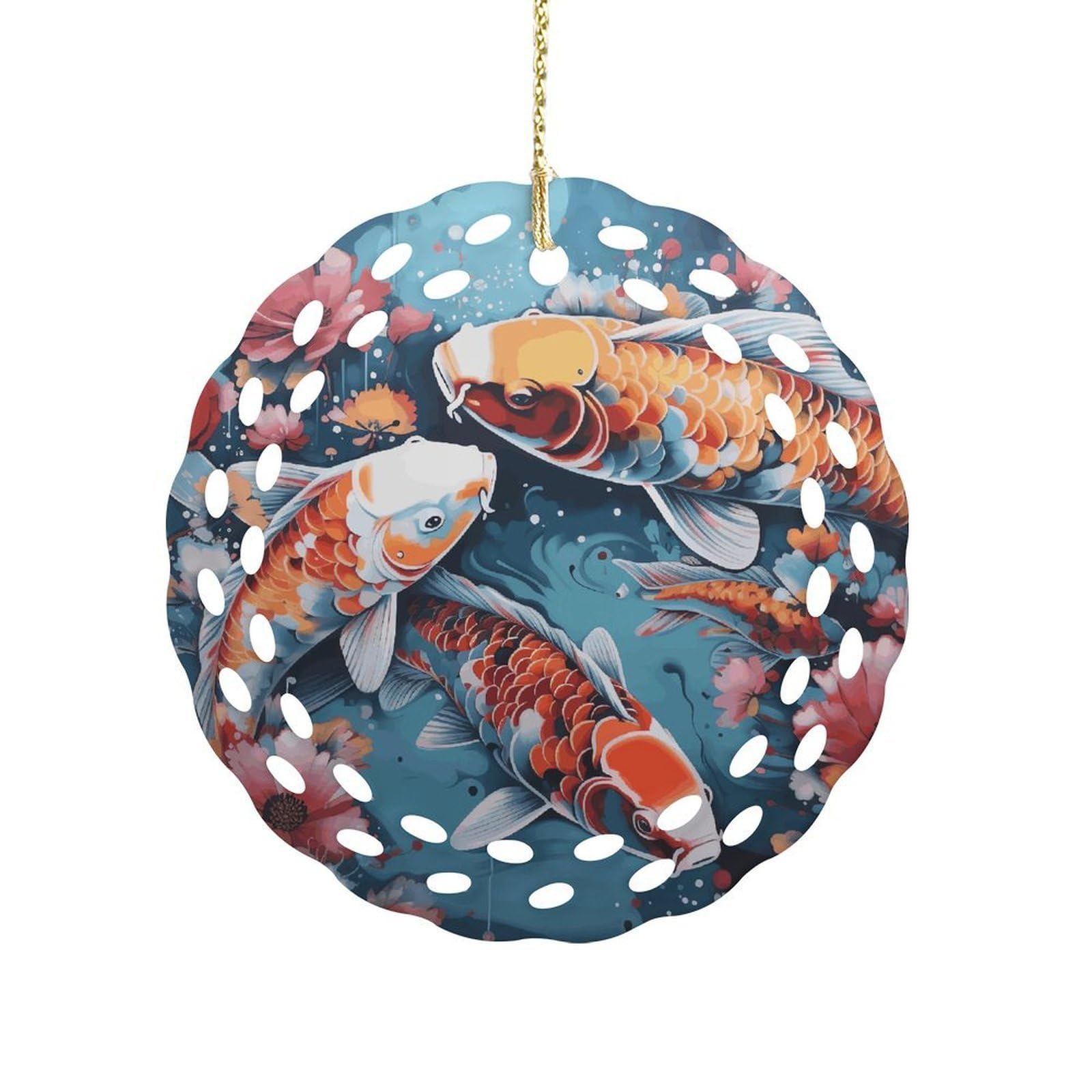 Btcowzrv Style Hand Drawn Fish Ceramic Ornament,Round Ornaments With Hole Easy To Hang,Hanging Ornament For Wedding Party Home Window Garden Christmas Day Decor