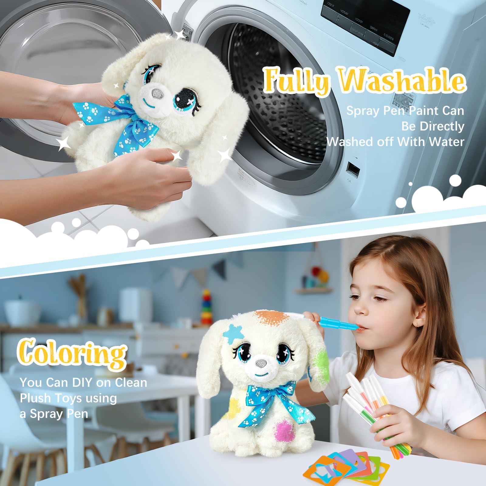 Toylink Hund Spielzeug Kinder, Hund Kuscheltier mit Drück-Wasser-Badewanne & Waschbaren Buntstifte, Kreatives Geschenk Mädchen 4 5 6 7 8 Jahre für Geburtstag Weihnachten