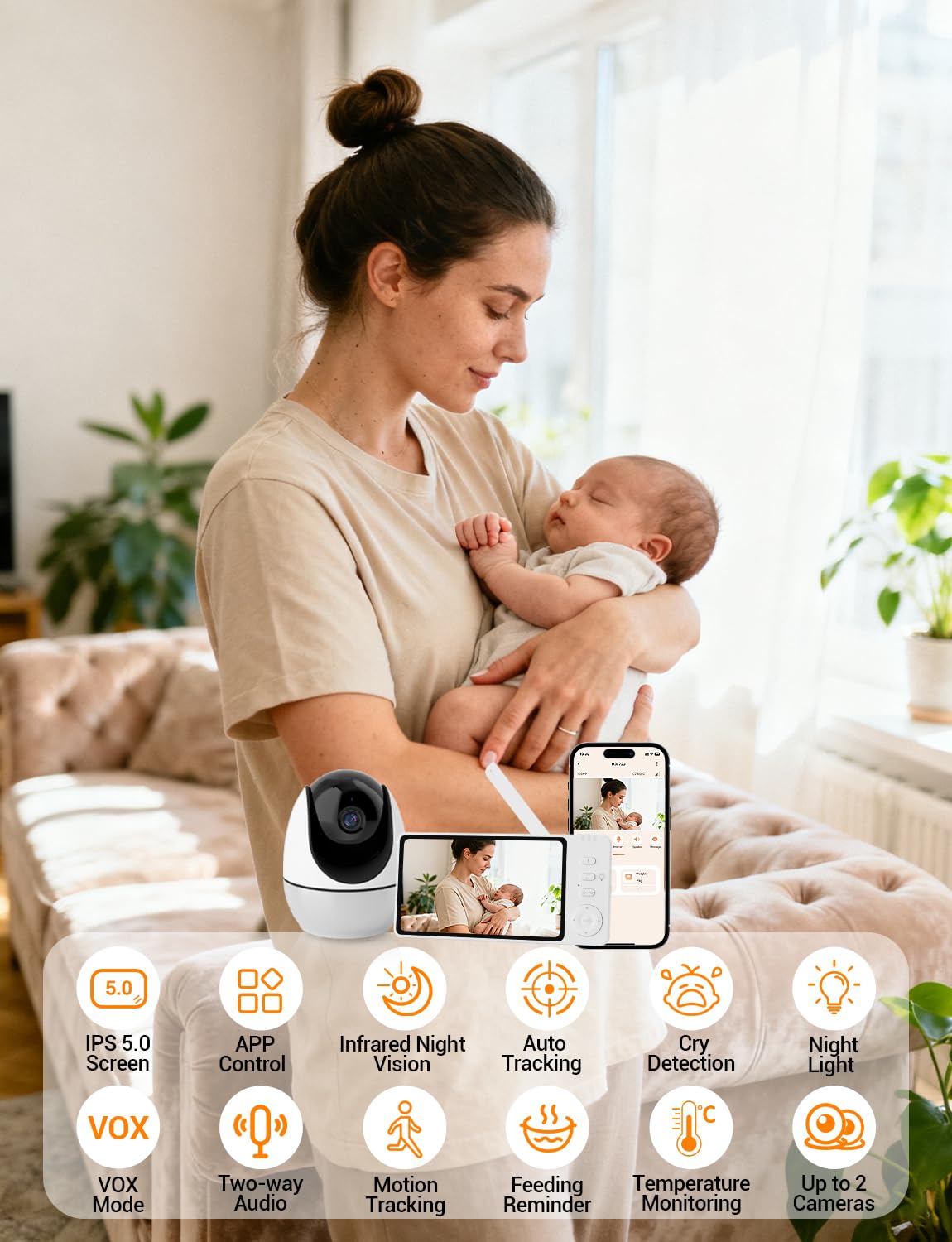 BURNNOVE Baby Monitor Video e Audio Schermo 5" IPS Connessione WiFi App per Smartphone con Luce Notturna Temperatura e Umidità Monitoraggio Movimenti Visione Notturna 8 Ninne Nanne Audio Bidirezionale