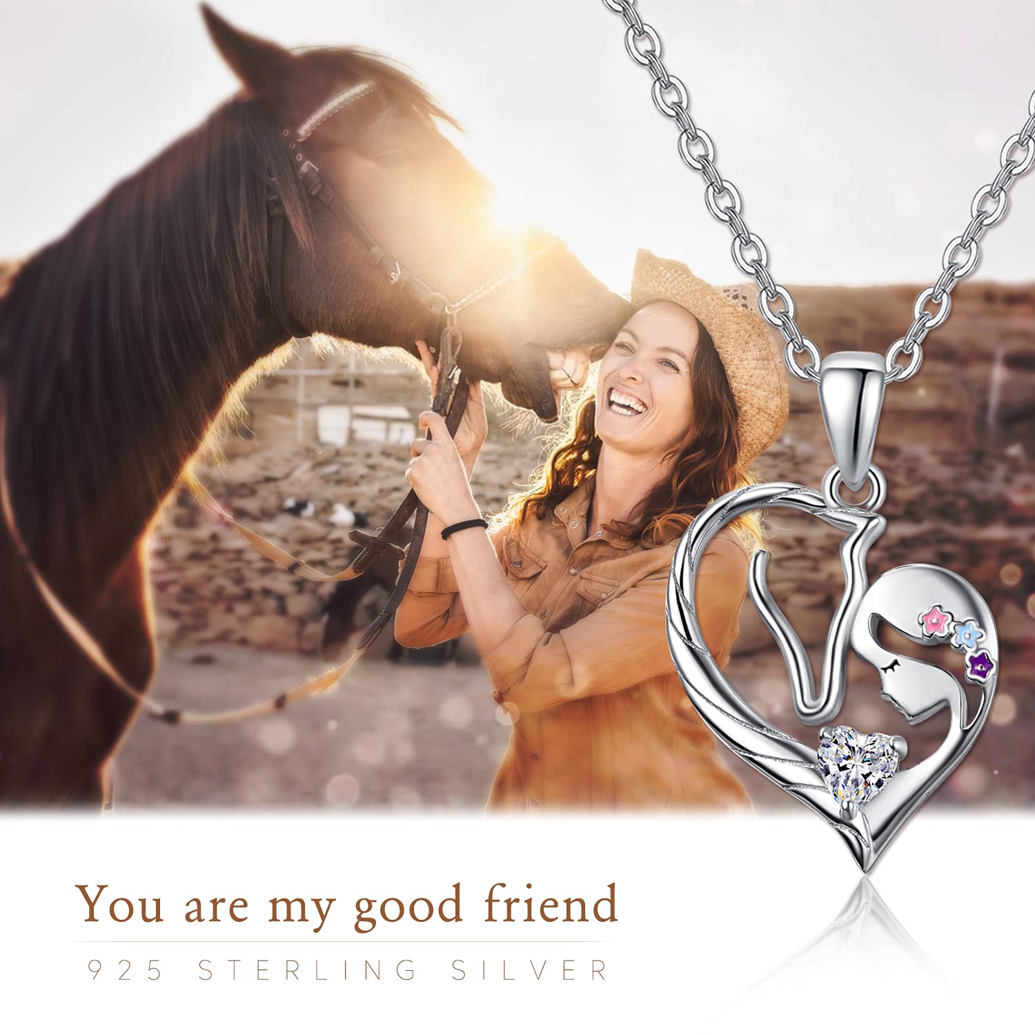 PRAYMOS Pferd Halskette Sterling Silber Herz Kette Anhänger Pony Pferdeanhänger Geschenk für Damen Frauen Mädchen Freund Pferdeliebhaber