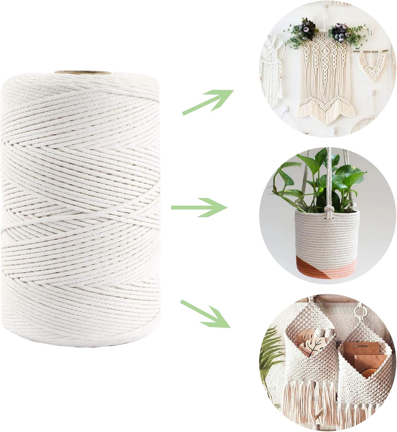 QUEFE Macrame Cord 3mm x 437 Yard, Natural 4 Strand Cotton Macrame Rope for Wall Hanging, Plant Hangers, Knitting, Decorative Projects