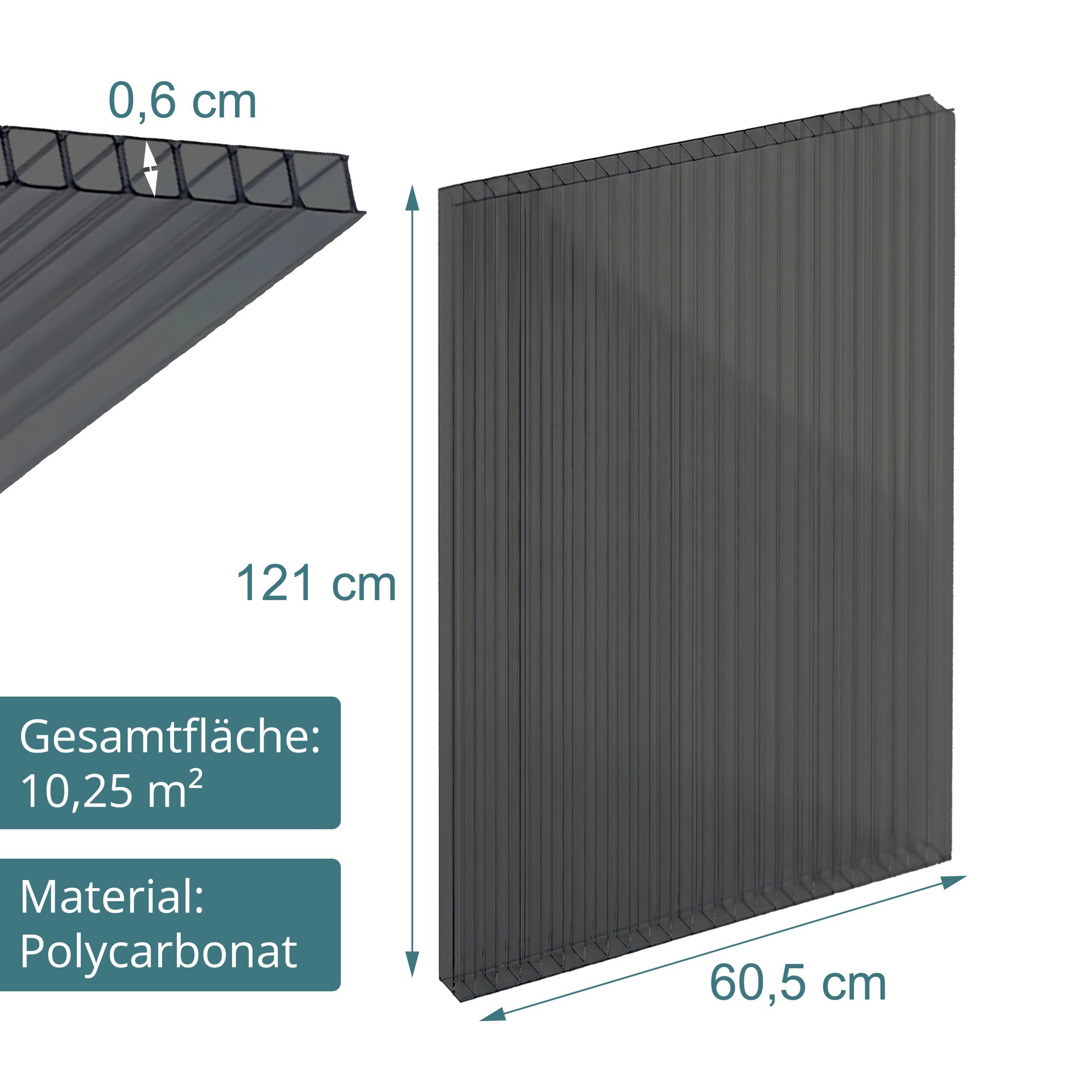 Relaxdays Doppelstegplatten 10er Set, Hohlkammerplatten 6mm, für Gewächshaus, HB: 121x60,5 cm, Polycarbonat, anthrazit
