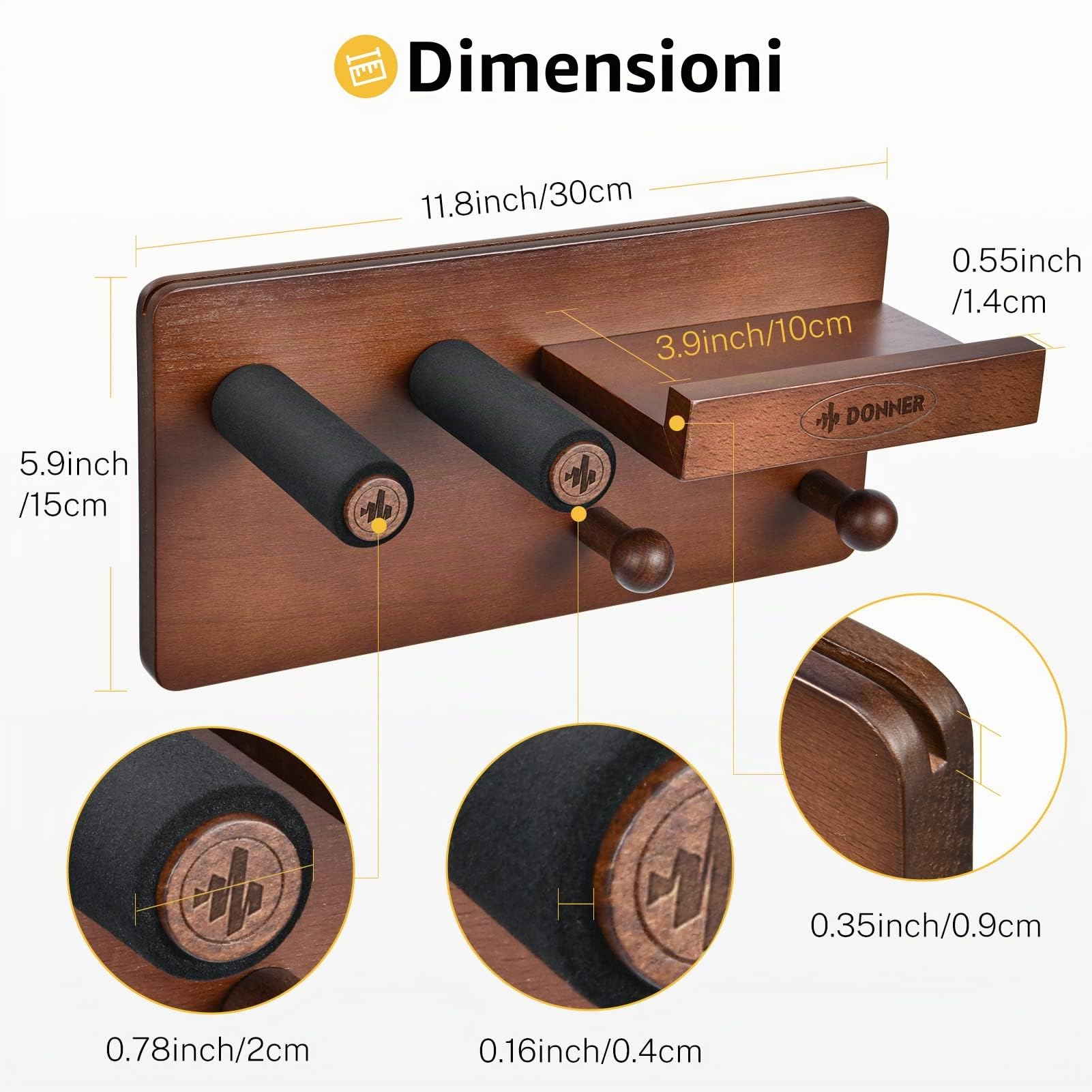 Donner Supporto Chitarra da Parete, Porta Chitarra da Muro Gancio in Legno, Supporto Multifunzionale con Supporto Plettri e 2 Ganci per Ukulele Violino Basso Chitarra elettriche acustica e Accessori