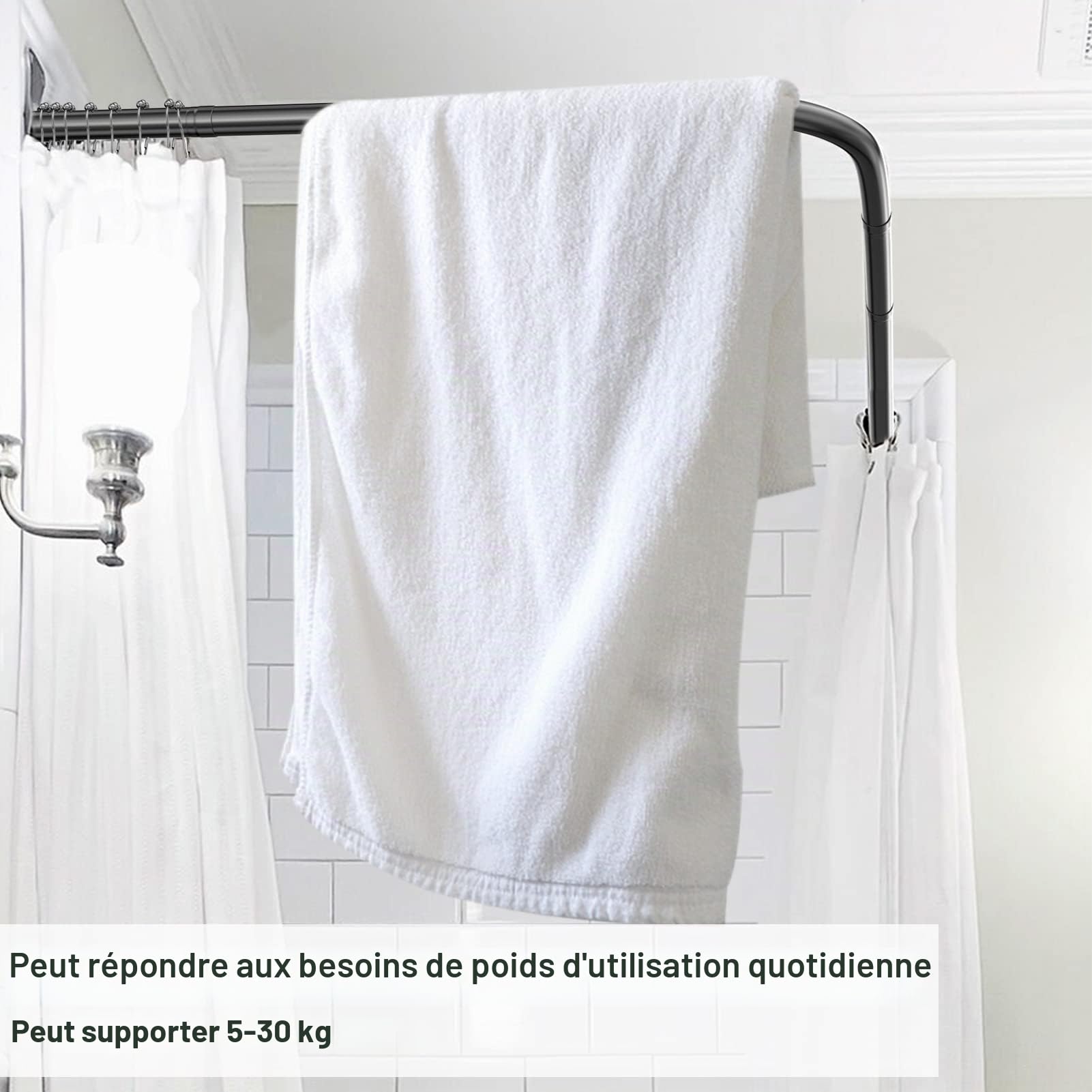 Tringle à rideau de douche Forme L Besoin de percer Tringles d'angle de rideau de douche en acier inoxydable 70-100 x 110-170 cm Coin de tringle de douche avec 24 pièces Anneaux de rideau de douche