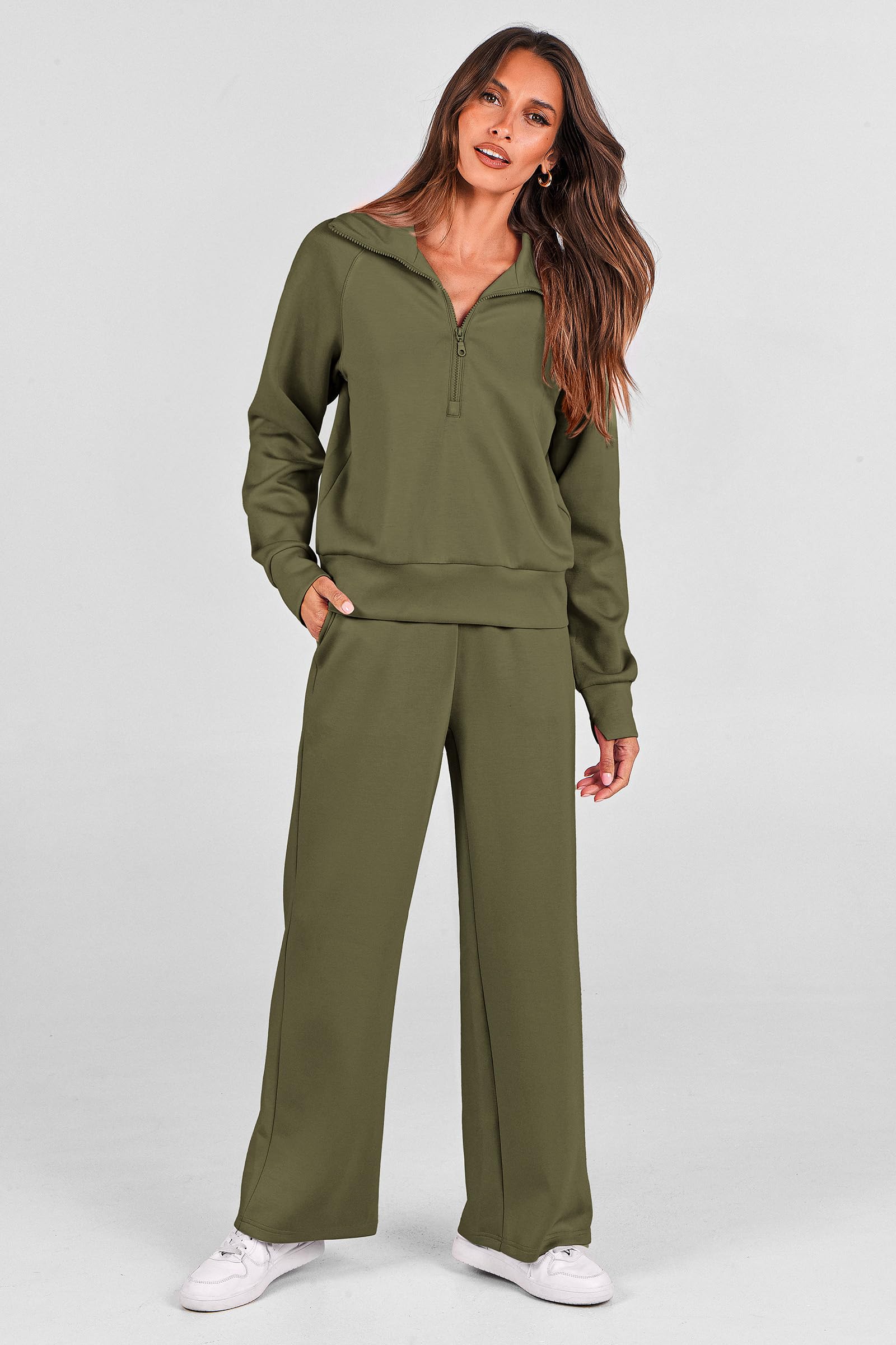 PRETTYGARDEN Women's 2 Piece Outfits Casual Lapel Half Zip Sweatshirts and Wide Leg Pants Tracksuit Sets — view 5