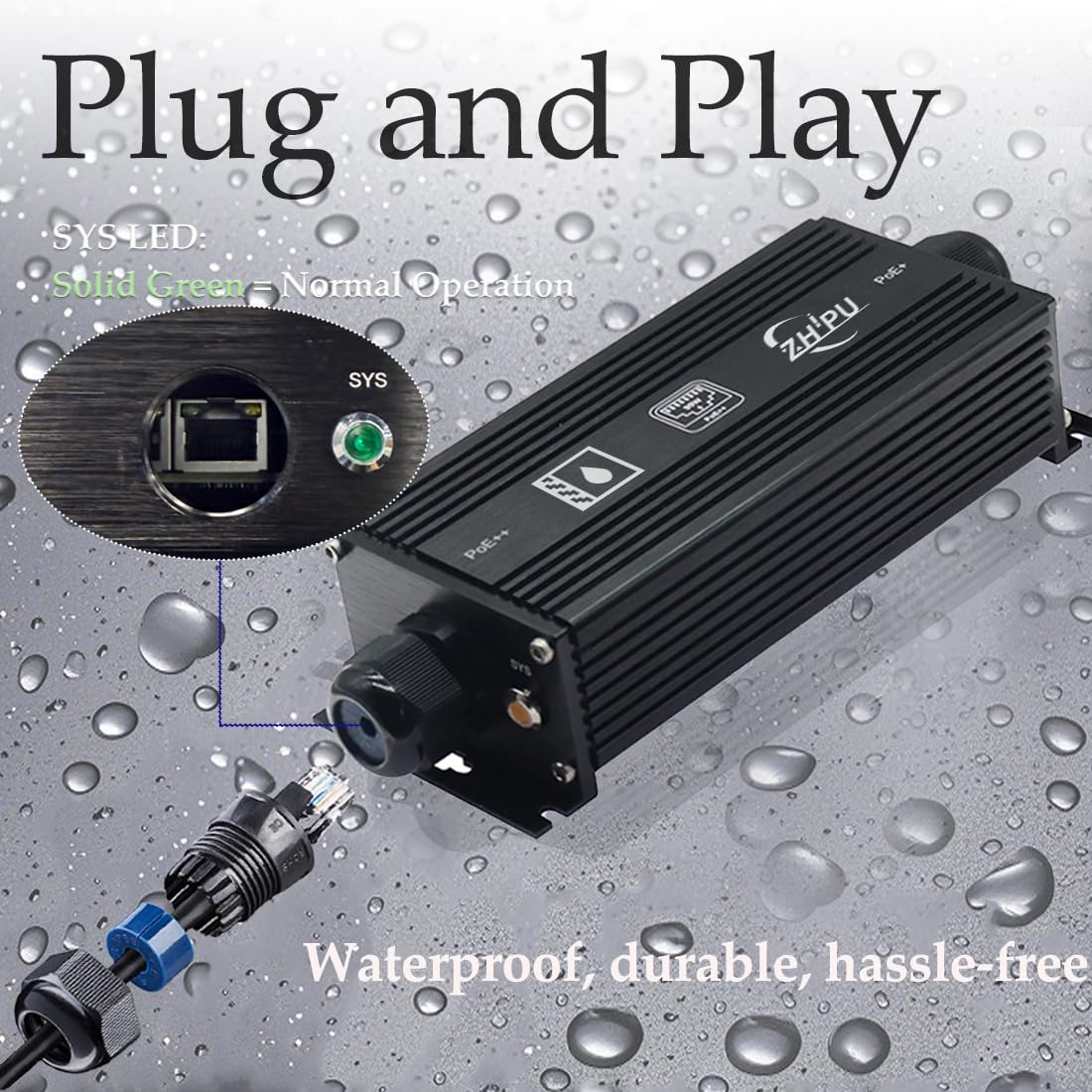 Prolongateur PoE Gigabit étanche IP67, haute puissance 90 W, Ethernet 1000 Mbps, portée de 100 m, -40 °C à 80 °C, pour surveillance de sécurité et ingénierie de réseau