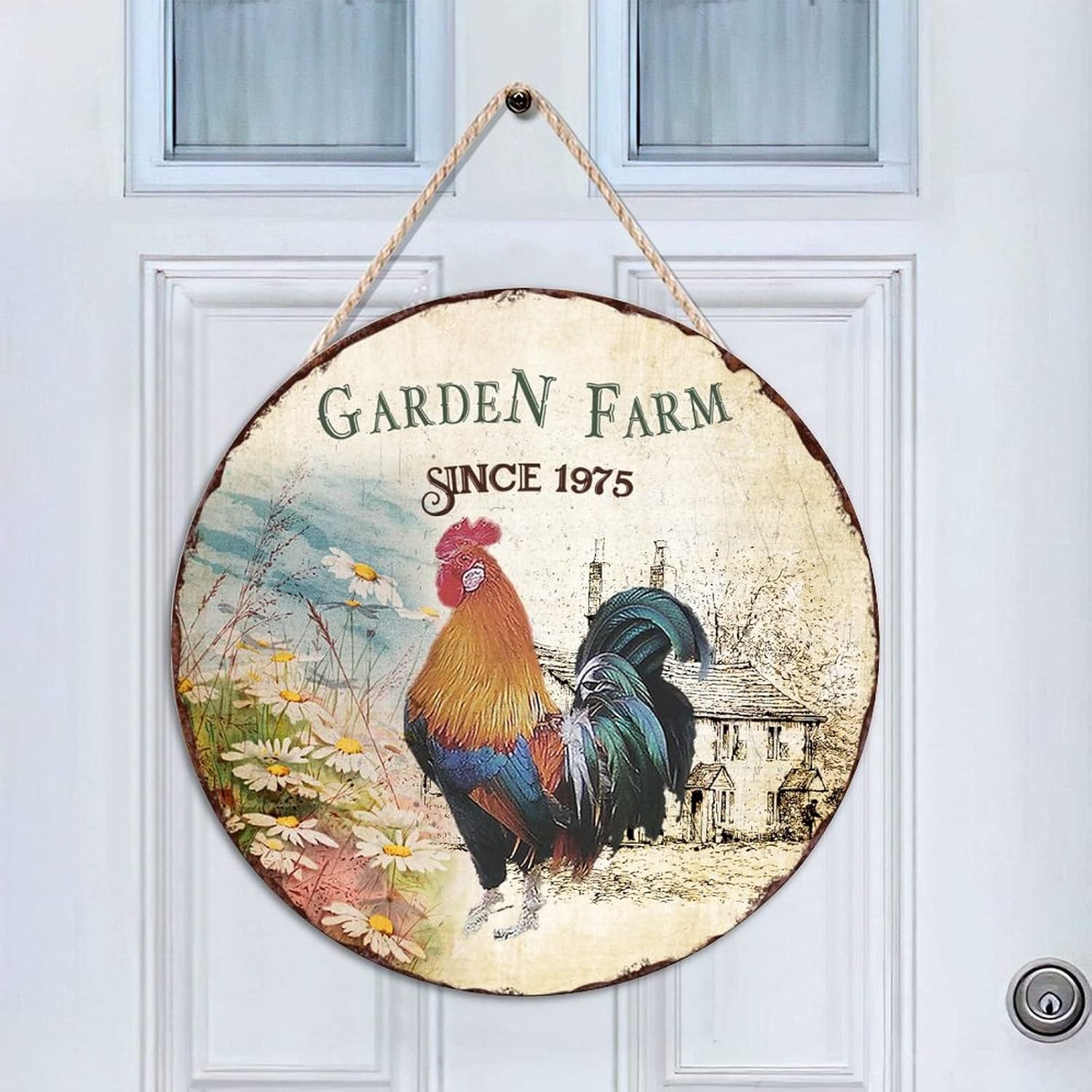 Vintage Front Door Round Wood Sign, Garden Farm Since 1975 Wood Door Sign, Chicken 16x16in Wall Hanging Sign Plaque Farmhouse Backyard Door Hanger Wall Decor Housewarming Gifts