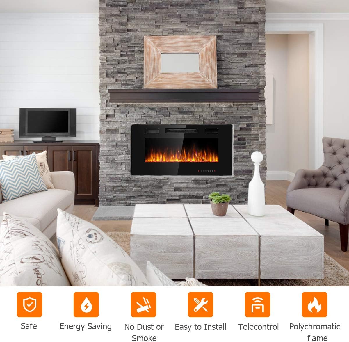 GOFLAME 36 Inch Electric Fireplace Recessed and Wall Mounted, Fireplace Heater in-Wall Built with Remote Control, Timer, Touch Screen, Adjustable Color