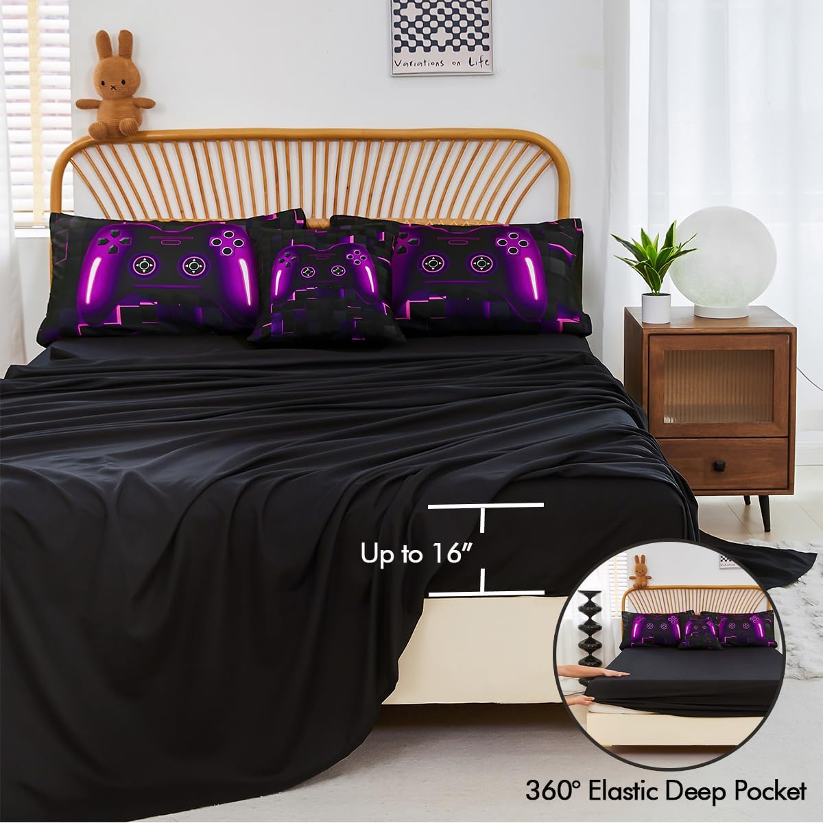 PERFEMET 6 Pieces Gamer Comforter Sets Twin Size Purple Game Console Boys Bed in A Bag 3D Cool Black Gaming Bedding Set for Kids Teen Lightweight Gamepad Bedroom Set(Purple, Twin) image 5
