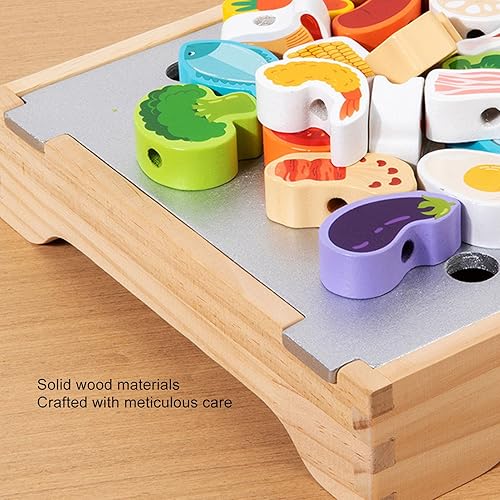 Miniatura 4 de Asixxsix Juego de barbacoa de madera para niños, juguete de cocina multifunción con 25 piezas de alimentos y herramientas de parrilla, juego de