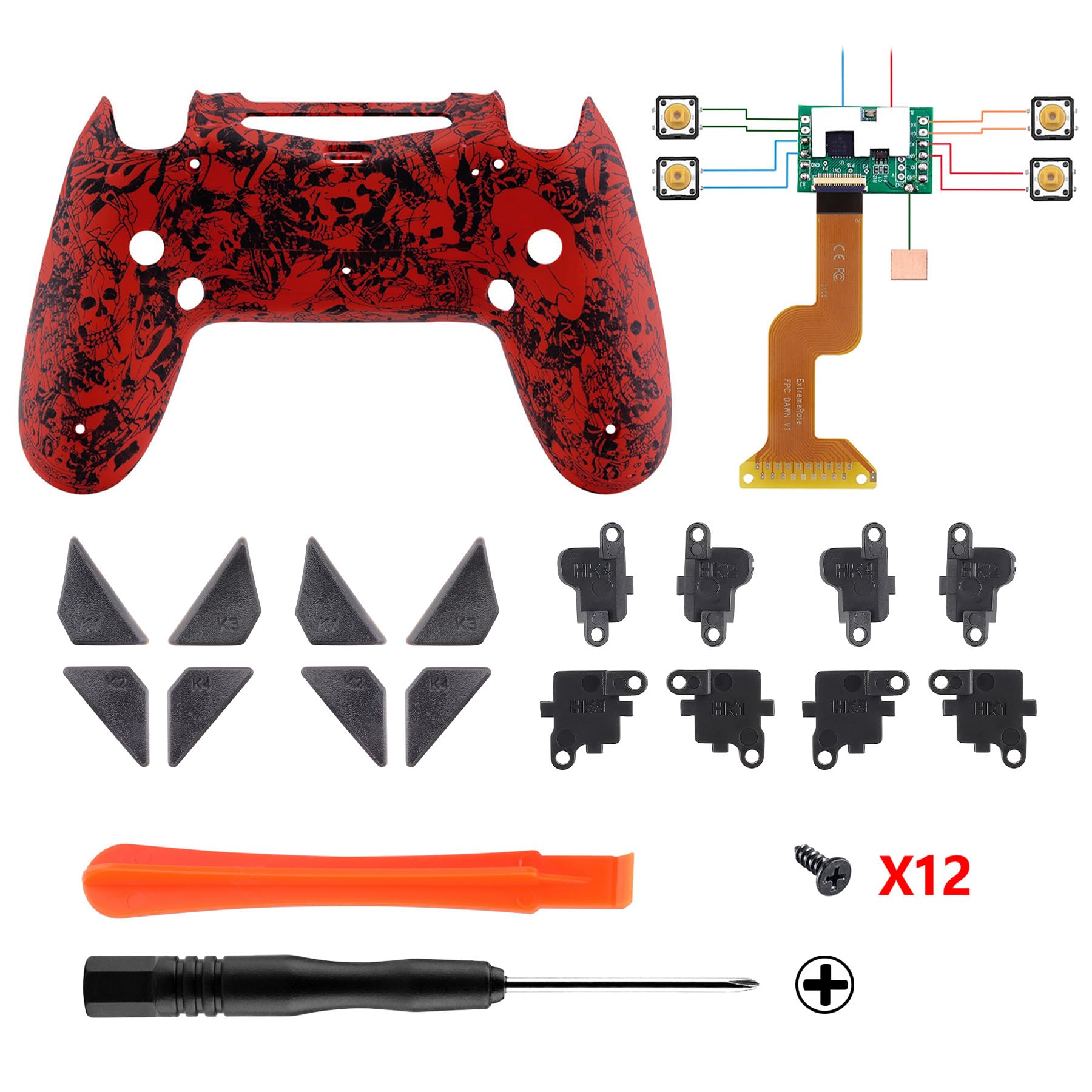 eXtremeRate Programmierbar Dawn Remap Kit für ps4 Controller JDM-040/050/055, Upgrade Rücken Gehäuse Case & Remapper Board & 4 Back Paddles/Tasten Set für ps4 Controller-Dämonen Monster
