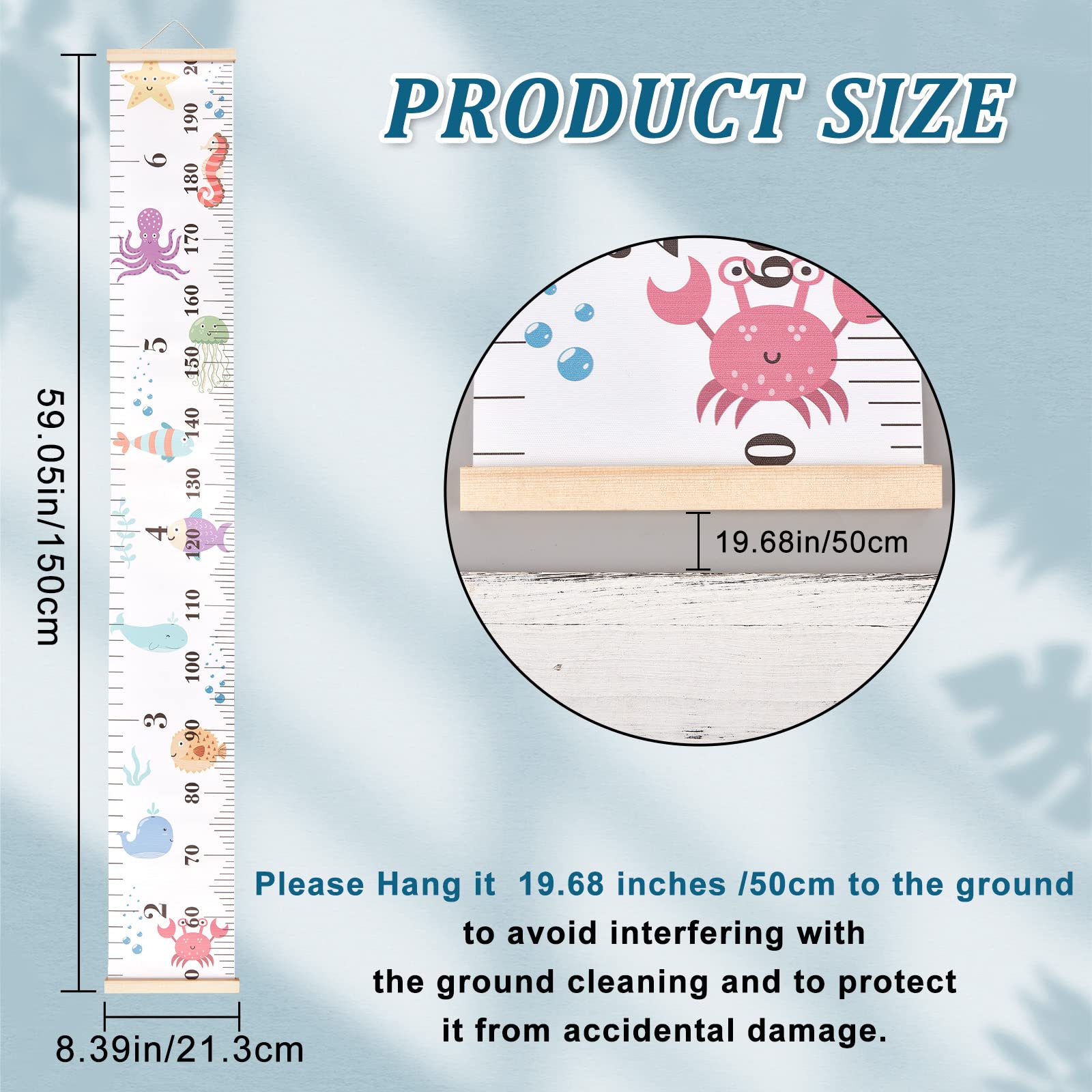 CREATCABIN Tableau Croissance des Animaux Mer Tissu Toile Hauteur Mesure Règle Cadre Bois Suspendu Amovible Dessin Animé Règles Murales pour Maison Salon Décoration Chambre d'enfant Décor