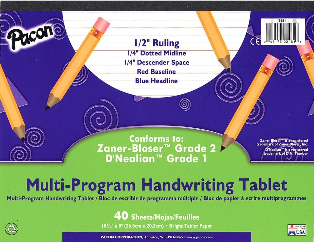 PAC2481 Multi-Program Long Ruled Handwriting Tablet, 8" x 10.5", 40 Sheets, D'Nealian Grade 1 and Zaner-Bloser Grade 2, 0.5" Ruling, 0.25" Dotted Midline, 0.25" Descender Space, Pack of 1