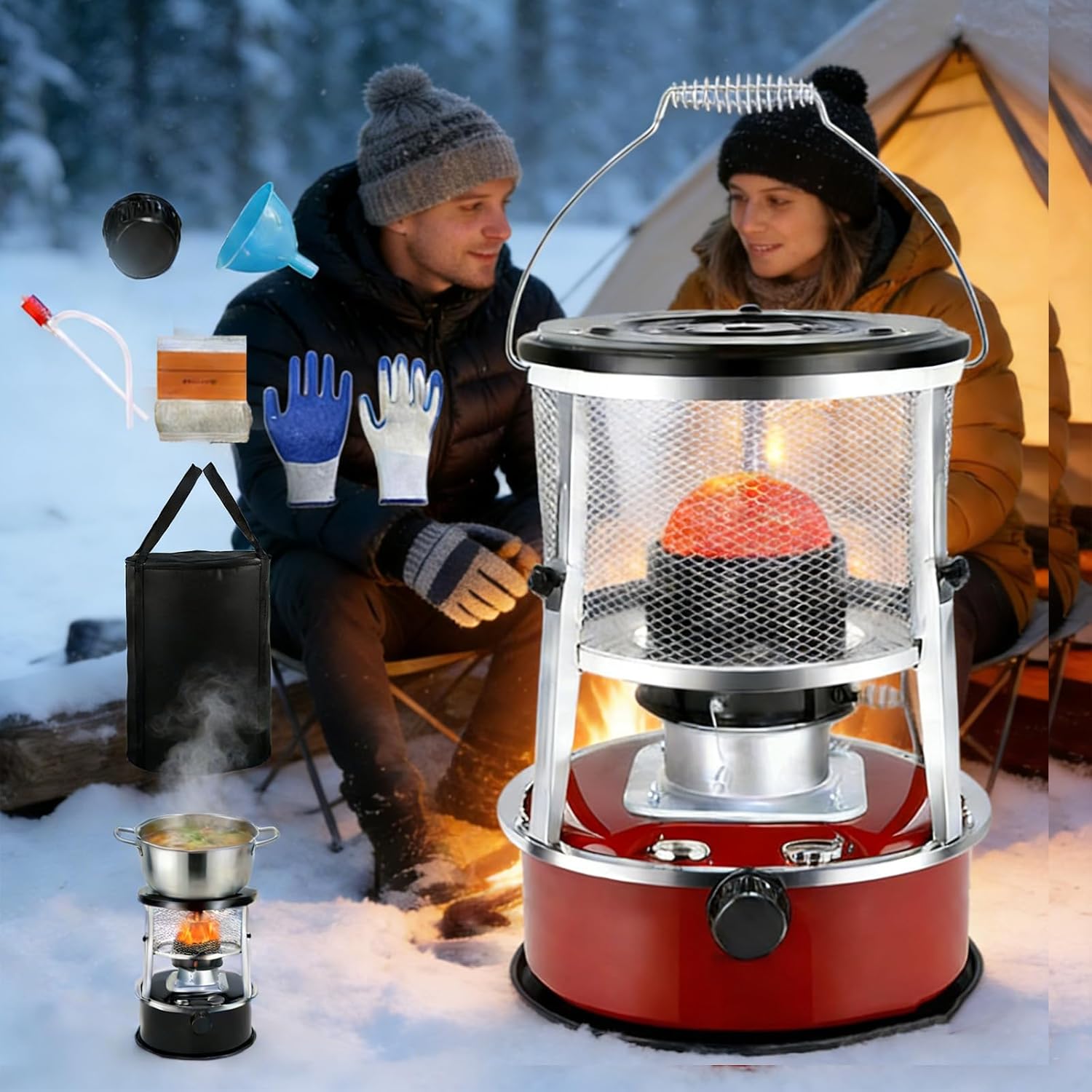Kerosene Heater for Indoor Use, 18-21h Emergency Non Electric Heaters for Indoor for Blizzard & Power Outage, 9000 Btu 2-in-1 Radiant Heater with Cooking Top, For Survival, Camping Ice Fishing (Red)