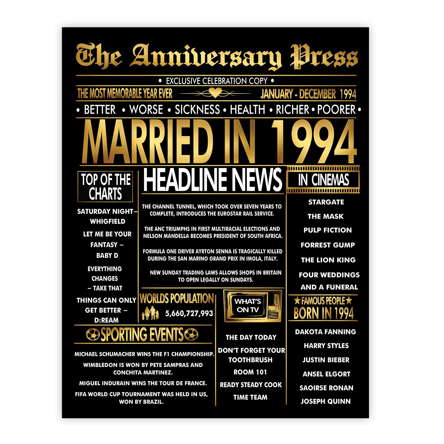 Stuff4 Men's 1994 Gold 32Nd Anniversary Poster Unframed - Golden Married In Newspaper - 32 Wedding Anniversary For Wo Vintage Gifts Back In 8X10 Inch Anniversaries Posters