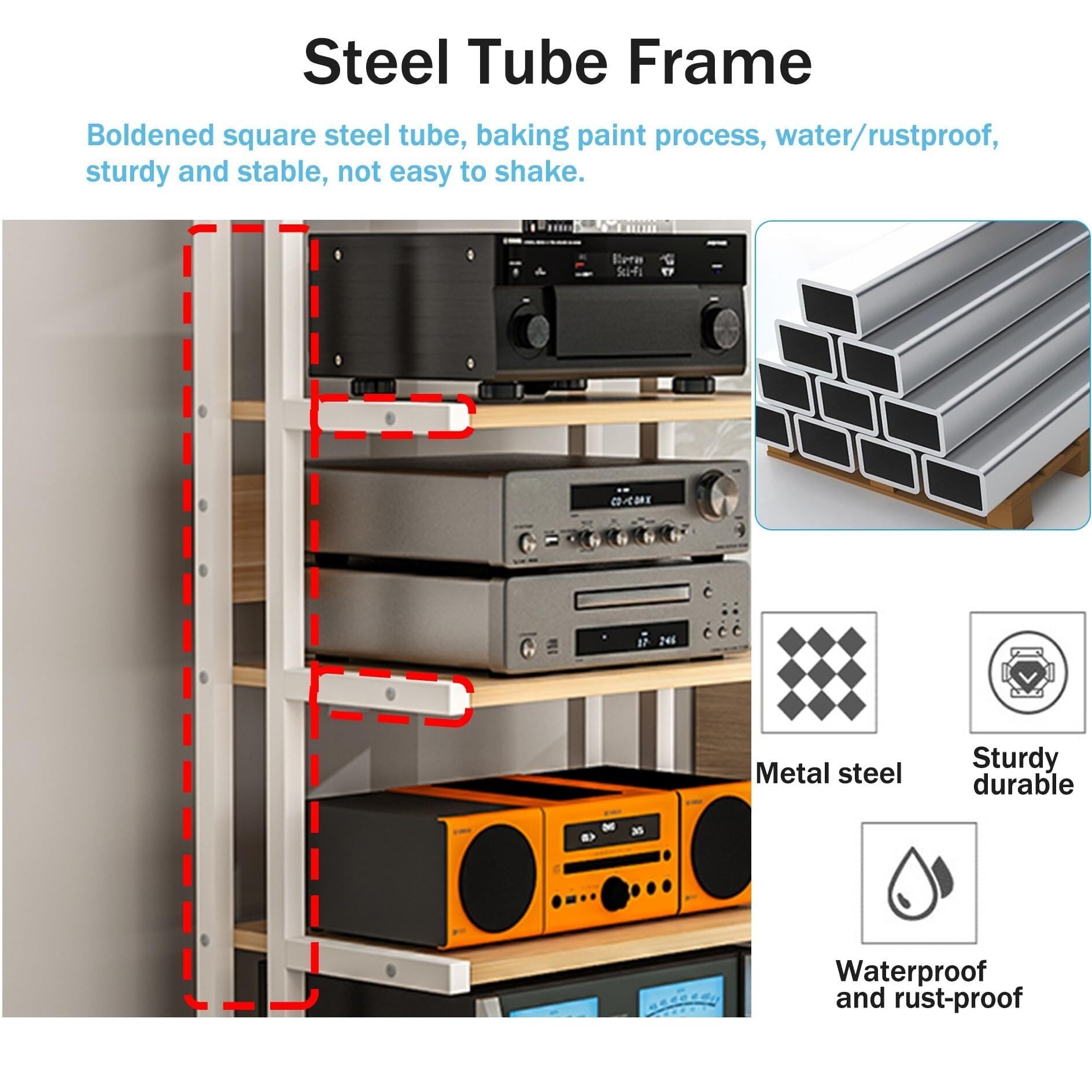 HiFi-Regal, AV-Regal, 3/4/5 Etagen, Multimedia-Aufbewahrungsschrank für Zuhause, Büro, Geschäft und Theater, stilvolle HiFi-Stereo-Einheit in Schwarz und Teakholz, 50 x 40 x 145 cm