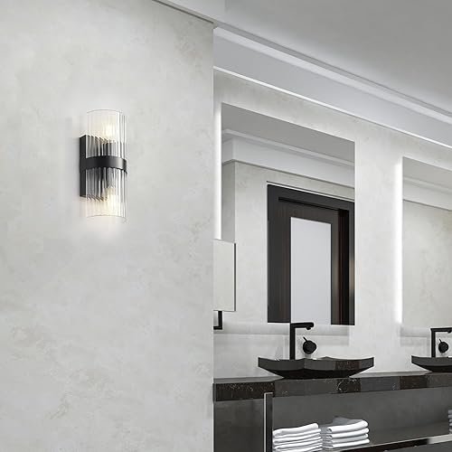 Miniatura 5 de Globe Electric 65000050 Aplique de pared de 2 luces, negro mate, pantalla de vidrio acanalado, enchufes de base E12, luces de pared para sala de