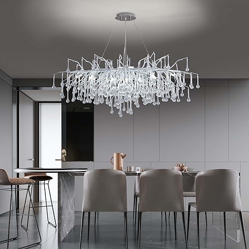 Miniatura 122 de Candelabro moderno de ramas de árbol de cristal, color negro, 40 pulgadas, Art Deco Rectángulo Lineal con gotas de lluvia para interiores, comedor