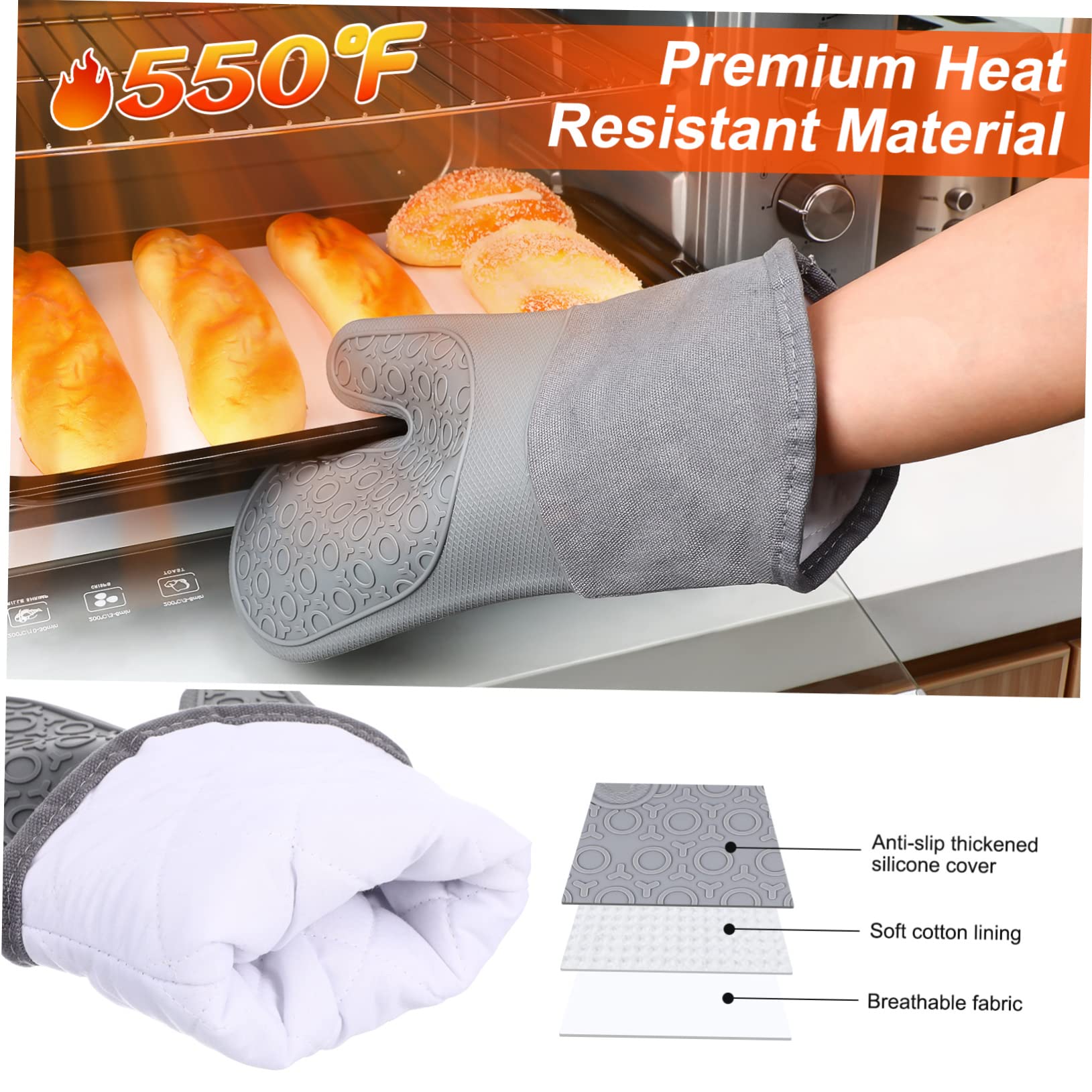 Ofenhandschuhe 5 Stück mit Rutschfester Oberfläche aus Silikon Hitzebeständige Inklusive Backmatte und Ölpinsel für Sicheres Backen und Grillen zu Hause