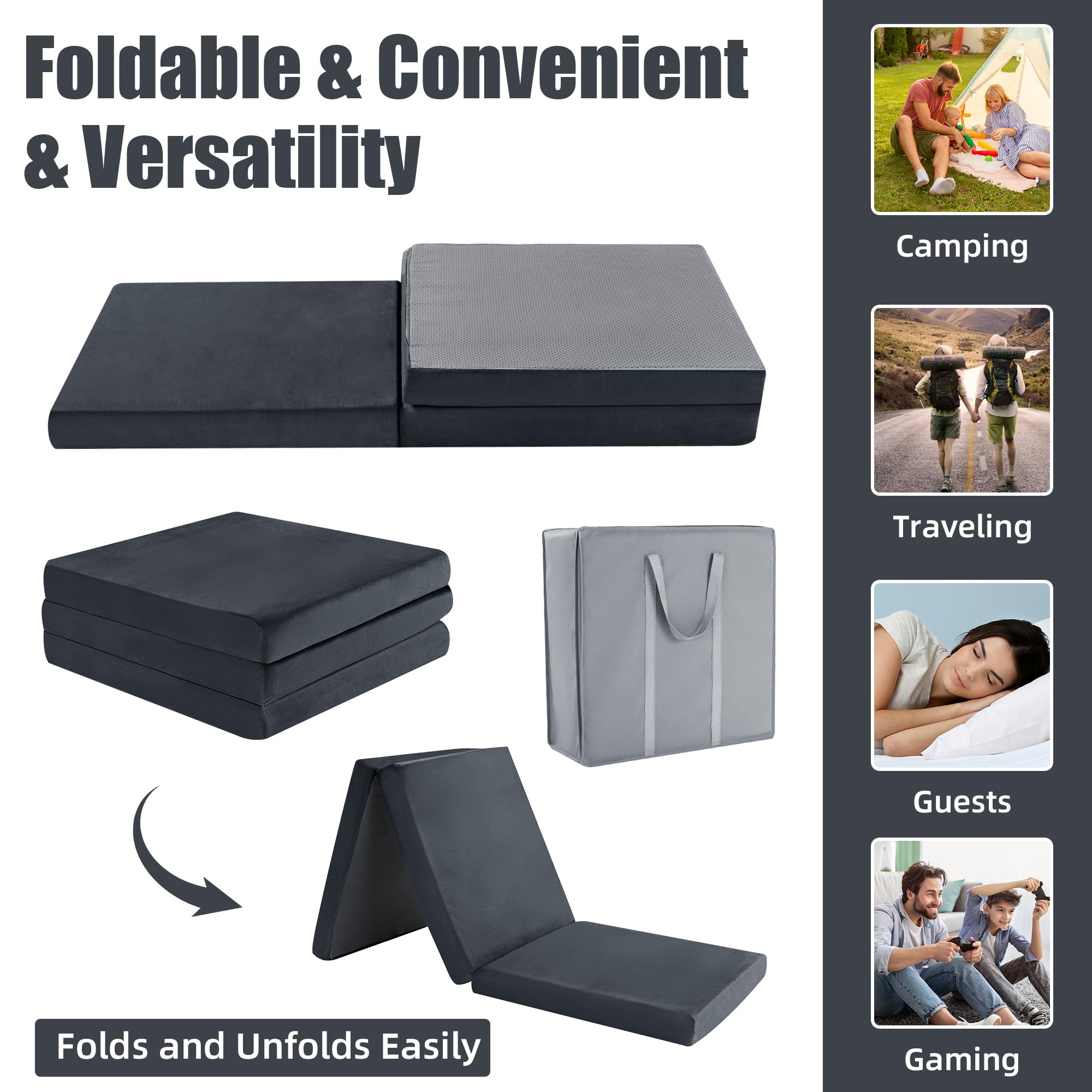 HOMBYS Tri Folding Memory Foam Camping Mattress for Outdoor Sleeping, Portable Waterproof Camping Pad Mat for Travel Truck Bed Tent,72