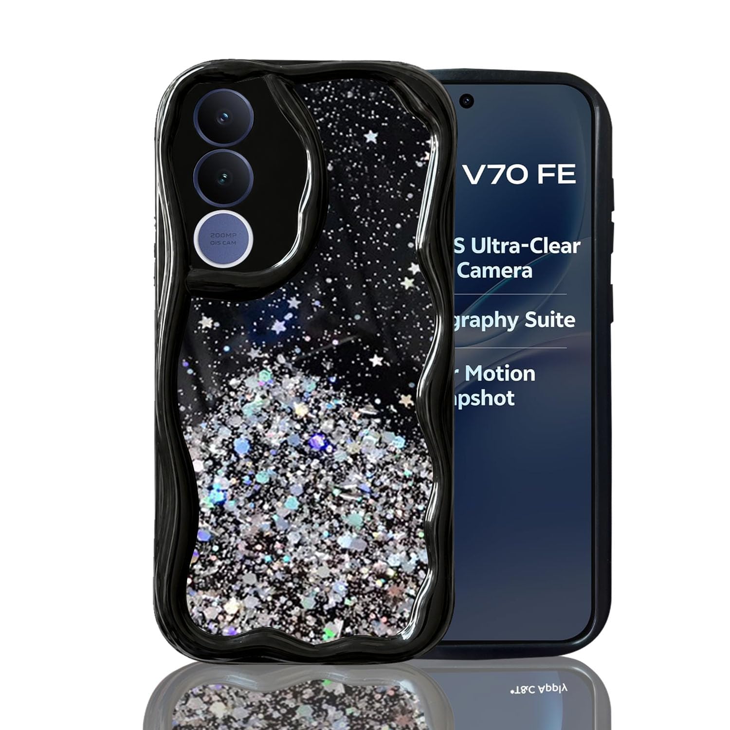 KC Back Cover for Vivo V70 FE 5G - 3D New Curly Wave Dry Fixed Starry Glitter Shockproof Bumper Soft Silicone Case with Camera Protection (Black)-image-31