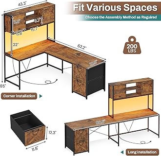 SEDETA L Shaped Desk with Drawers, 62.2" Home Office Desk with Fabric File Drawers and Power Outlet, L Shaped Desk with Hutch, Storage Shelves, LED lights, Rustic Brown