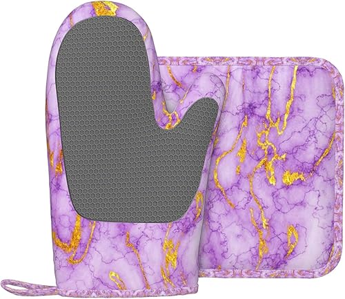 Miniatura 2 de Juego de guantes de horno y soportes para ollas de mármol dorado morado, guantes de horno de silicona antideslizantes resistentes al calor, guantes