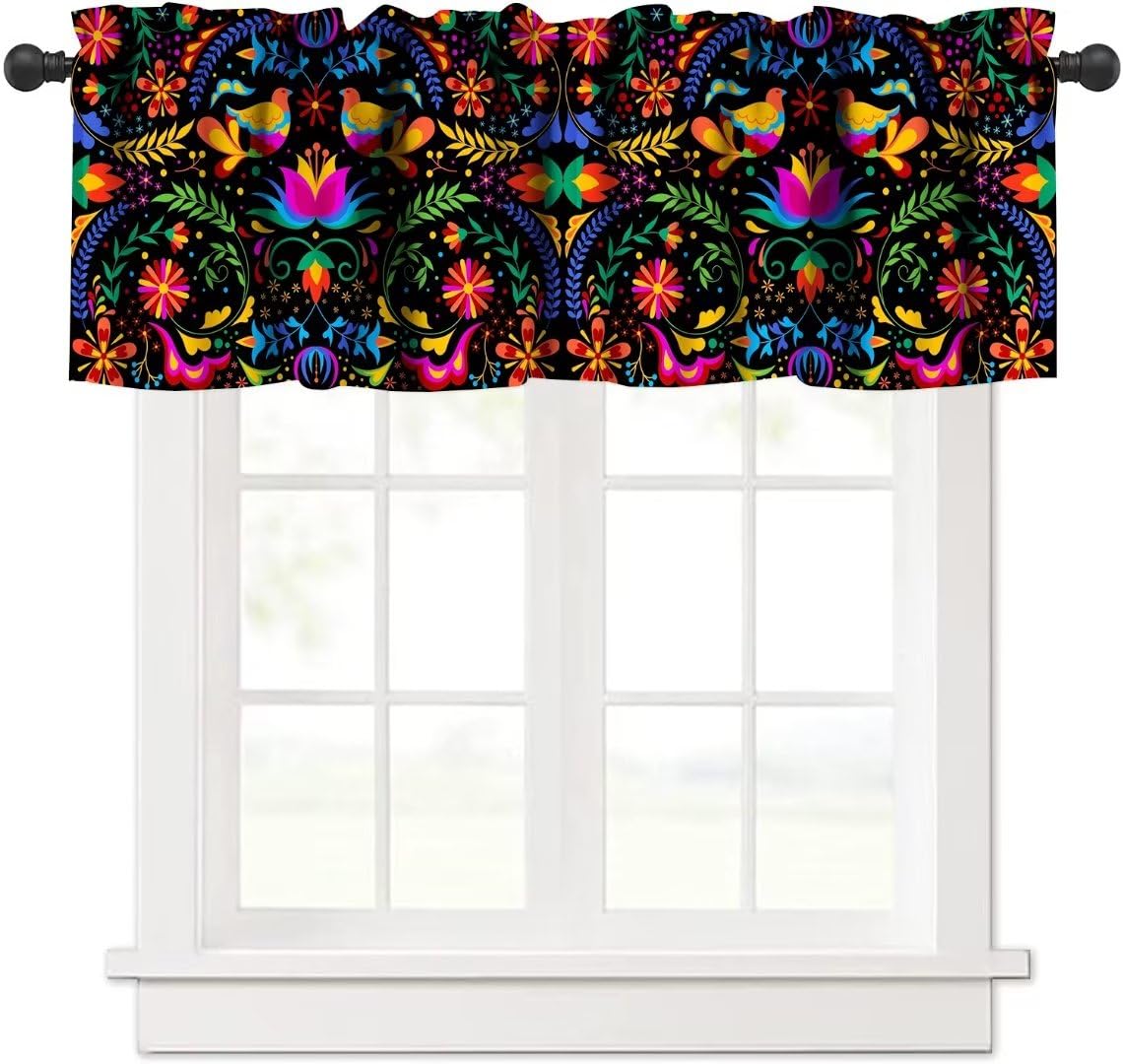 Mexican Valance Curtains, Traditional Mexico Otomi Style Floral Bird Print Blackout Window Valance, Paisley Flower Art in Black Boho Short Window