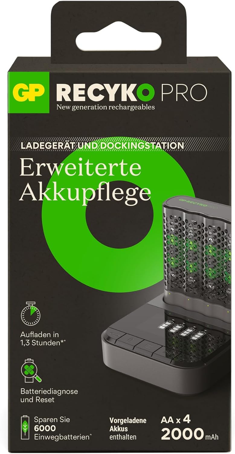 Vertical charging concept of GP RECYKO Pro charger and dock