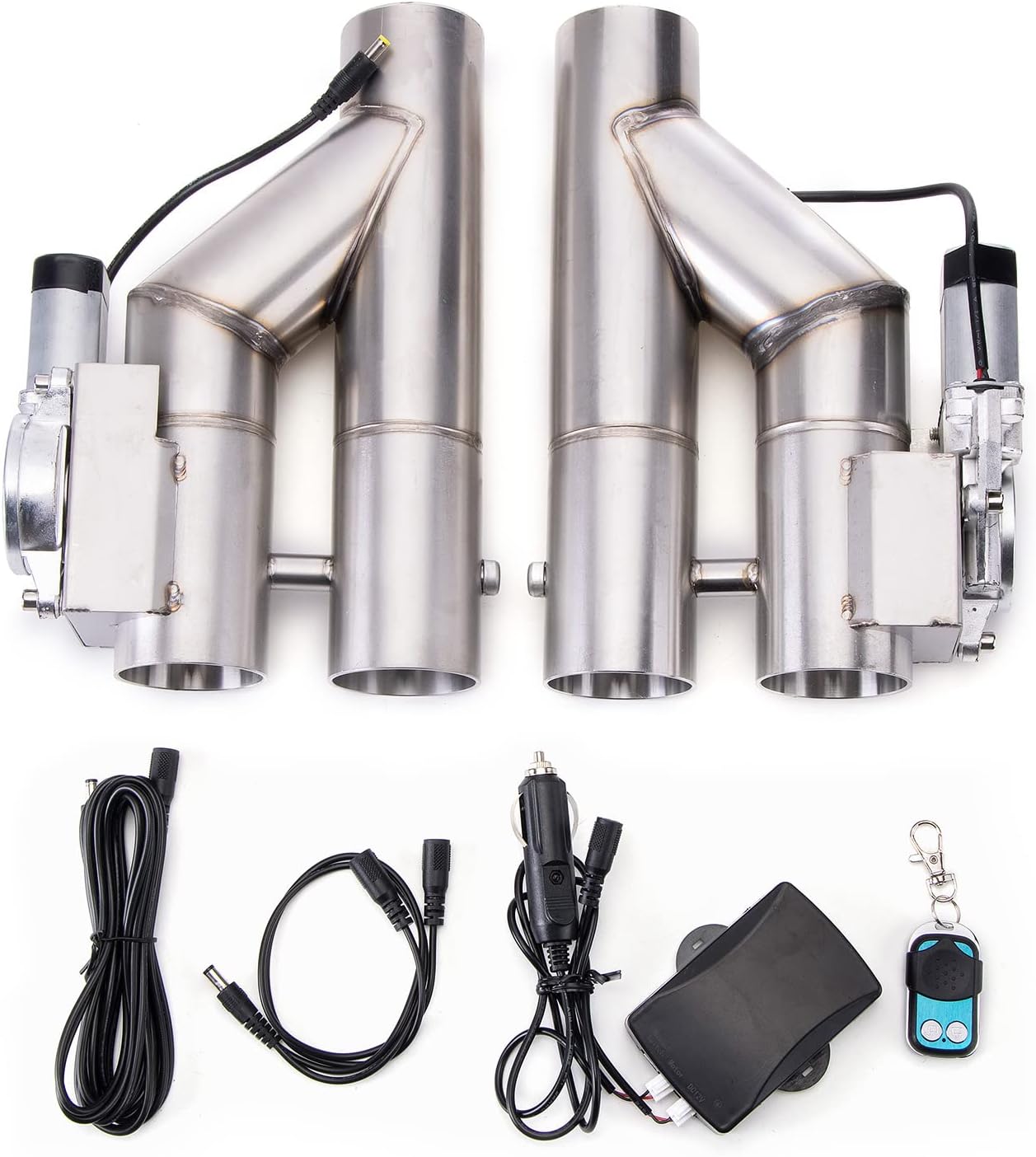 RJSPHH 2.5 Inch Electric Exhaust Cutout Motor E-cut Valve Kit Dual Flaps Type, Y Pipe 2 pcs with One Controller Remote Kit