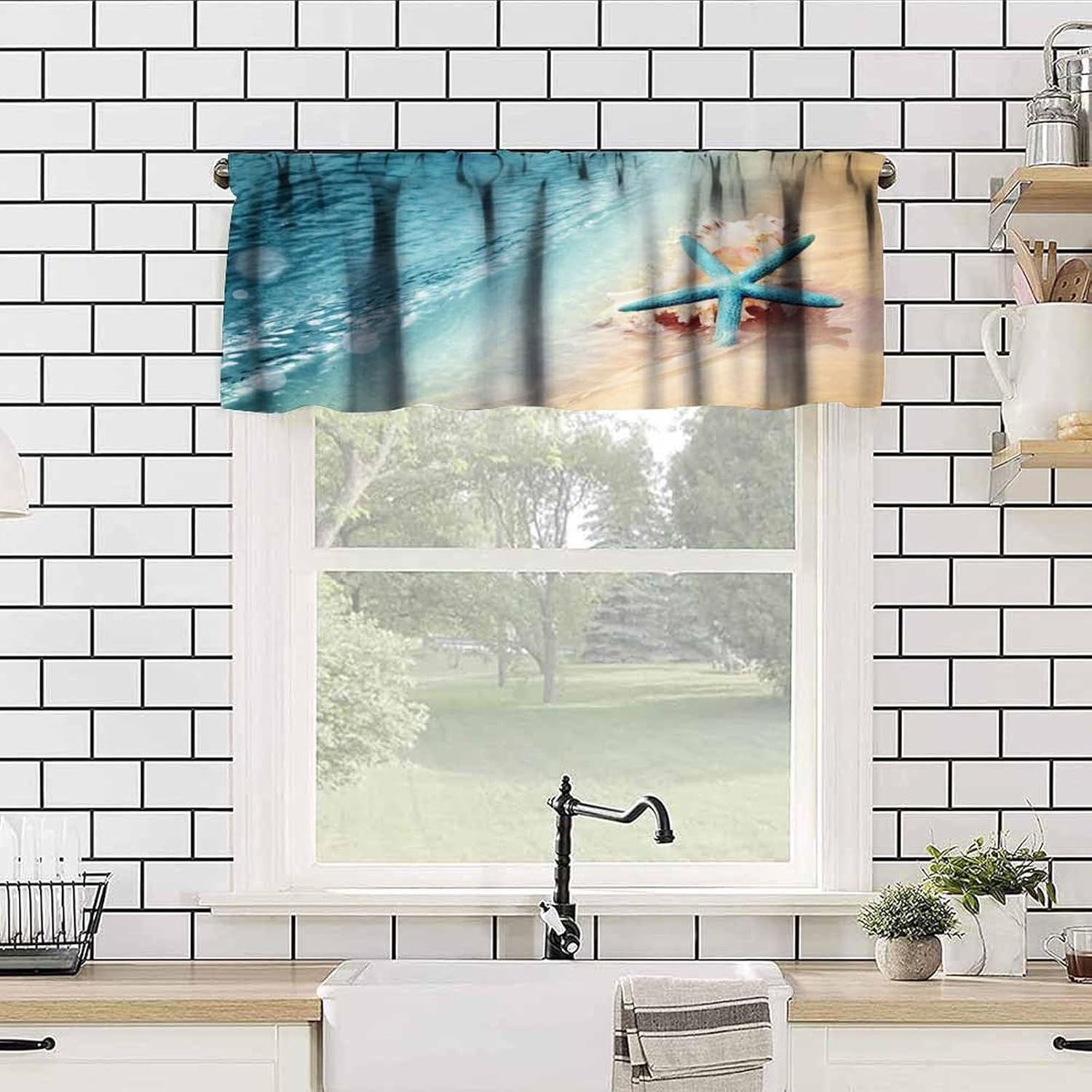 Starfish Kitchen Valance Curtain,Ocean Coastal Leisure Sunny Beach Blue Starfish Seashells Rod Pocket Window Valances Blackout Treatment Drapes for Bedroom Living Room Bathroom 54x 18 in - Image 2