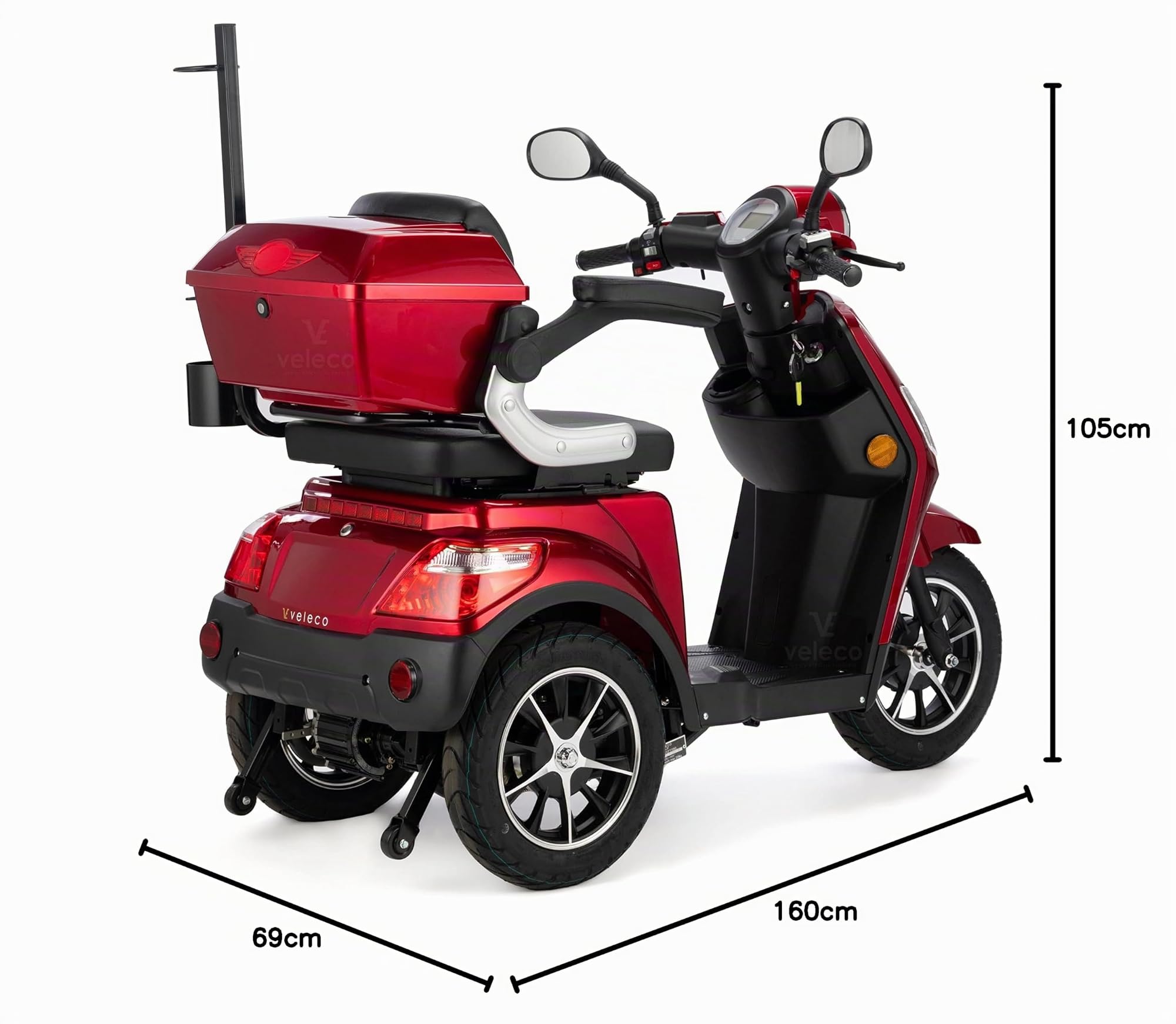 VELECO Draco Lit-Ion - Dispositivo de Movilidad de 3 Ruedas - Totalmente ensamblado y Listo para Usar - Batería extraíble de Iones de Litio - Freno magnético automático (Rojo)