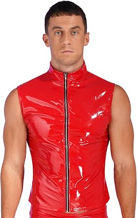 Linjinx Mens Wet Look Zipper Sleeveless Jacket Shirt Vest PVC Latex Moto & Biker Punk Tops