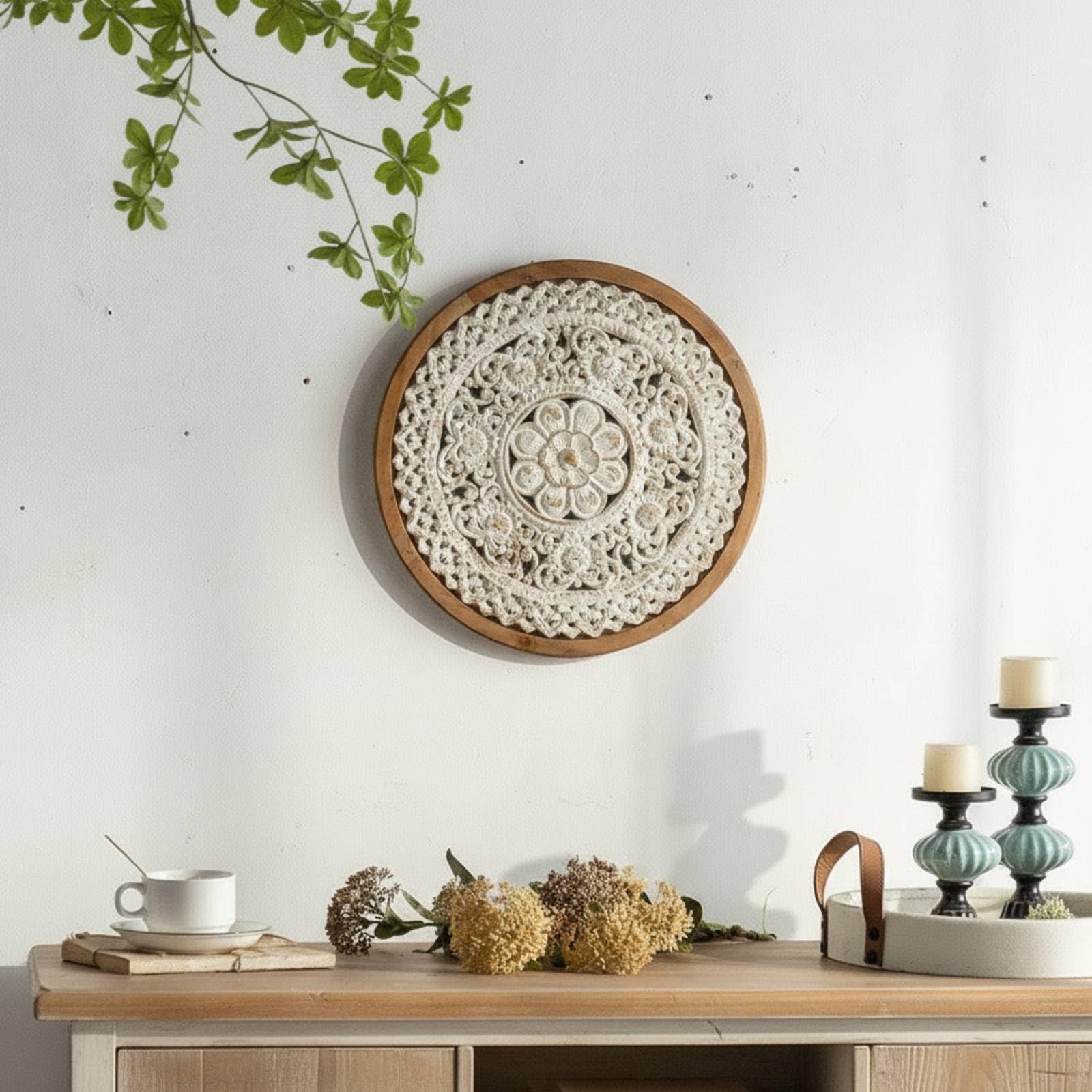Arte de Pared Montado Medallón Redondo Placa Decorativa Panel Tallado Aplique Mural Madera y Centro Tallado con Acabado, Estilo Rústico Americano, Tallado Floral, A2548