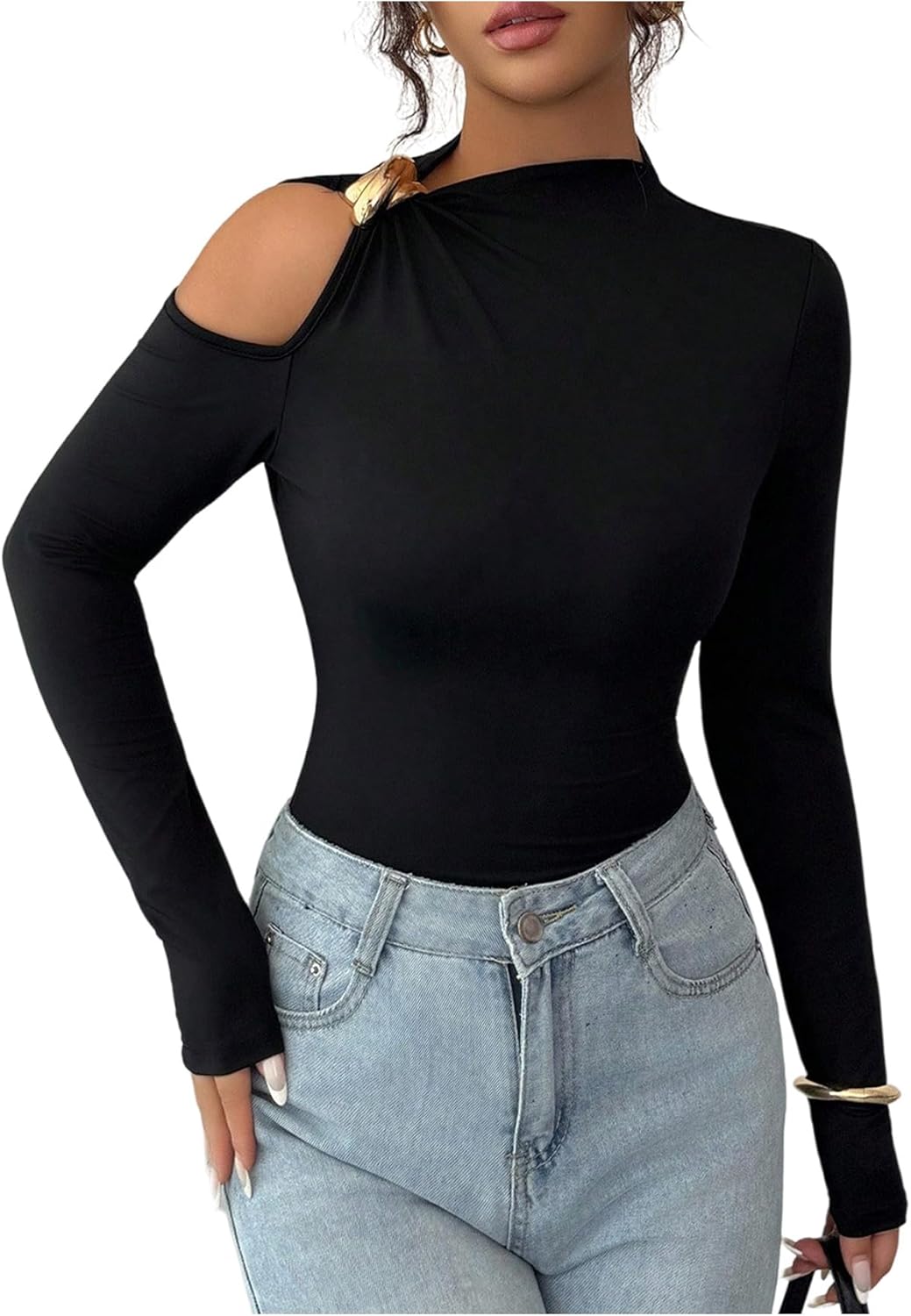 SOLY HUX Women's Cut Out T Shirt Cold Shoulder Long Sleeve Tee Slim Fitted Going Out Fall Tops