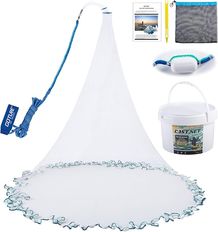 Red de pesca de malla de 3/8 pulgadas para agua salada y agua dulce | Plomo protegido con hierro recubierto de plástico, red de fundición para cebo, trampa para camarones y peces, incluye bolsa de almacenamiento de malla, caja de utilidad y aguja