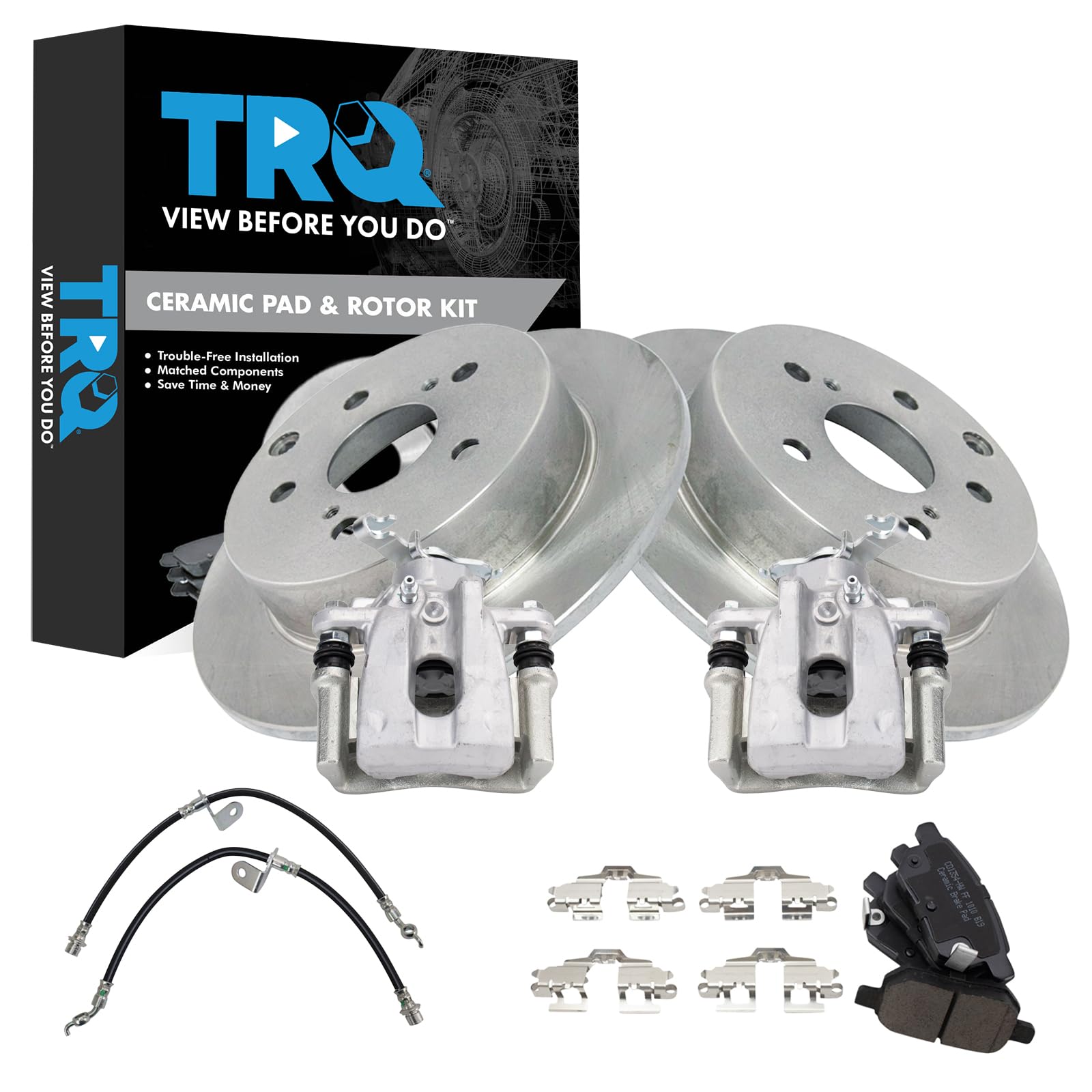 TRQ Rear Brake Pad and Rotor Set Ceramic Rotors Calipers Compatible with 2009-2010 Toyota Matrix 2012 Matrix