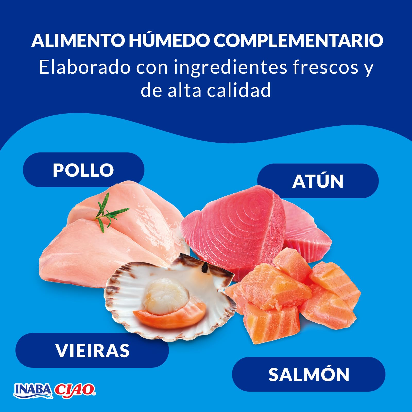 INABA Ciao Stew Gatos - Receta Saludable de Estofado Cremoso con Pollo, Atún, Salmón y Vieira - Comida Húmeda con Tiras de Pollo - Alimento Natural sin Cereales - 960g (24 Sobres x 40g)