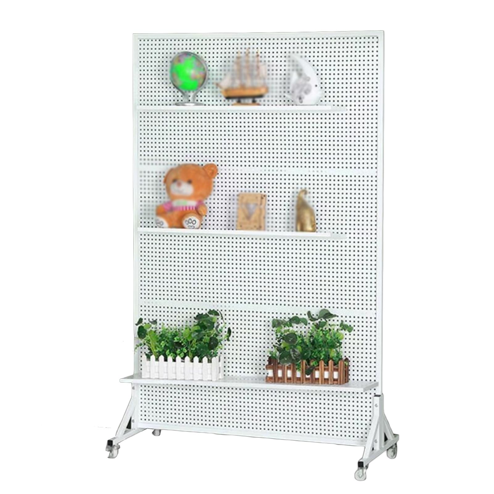 Expositor de metal con panel perforado y 20 ganchos, organizador independiente para tiendas minoristas y ferias de artesanía, sistema de almacenamiento de paneles perforados (blanco, 50 x 40 x 150 c