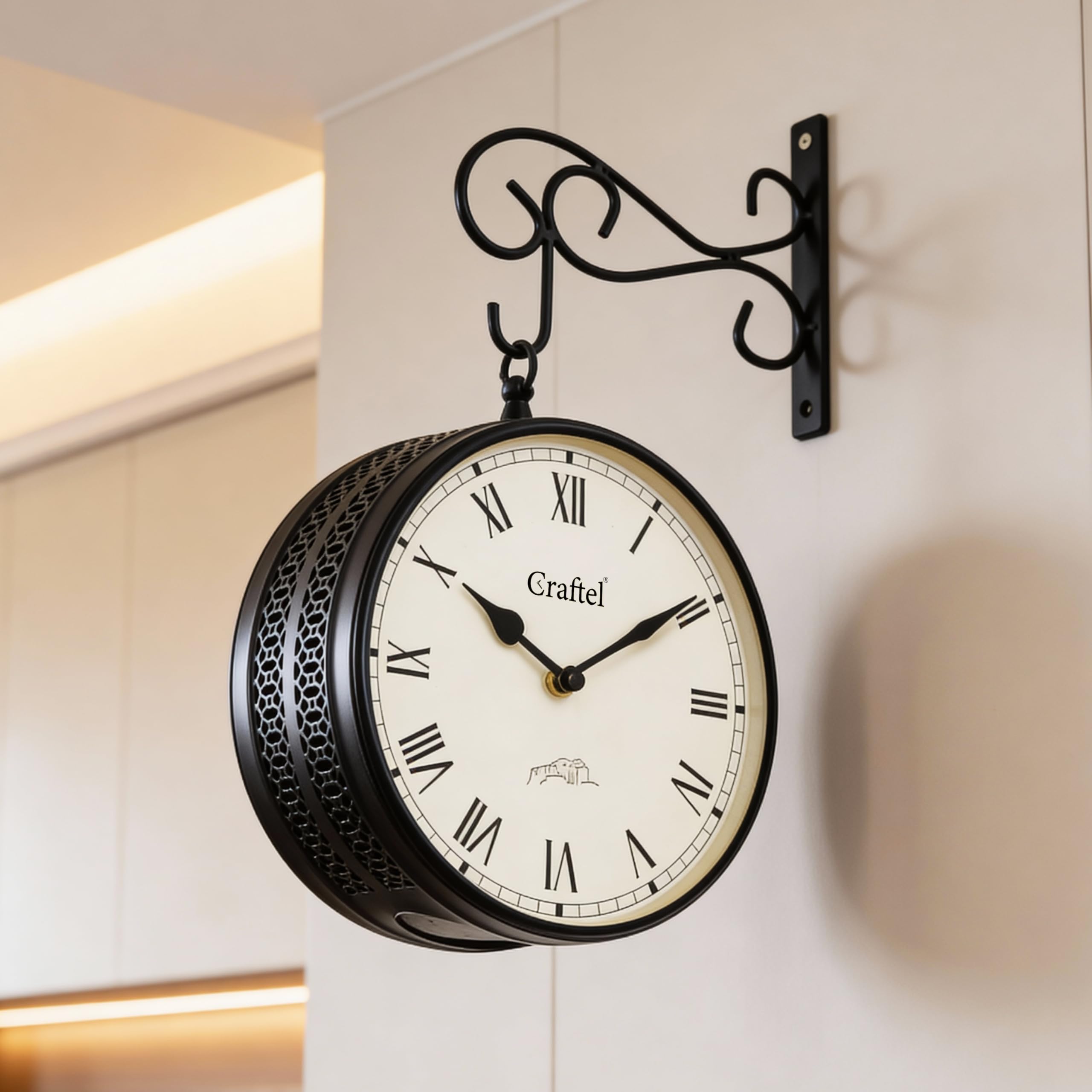 CRAFTEL Double Sided Station Wall Clock Powder Coated Finish | Both Side Roman Numerals | Aluminum Matte-Finish Dial Brass Body | Dial - 8 Inches, Matte Black | 365 Days Warranty