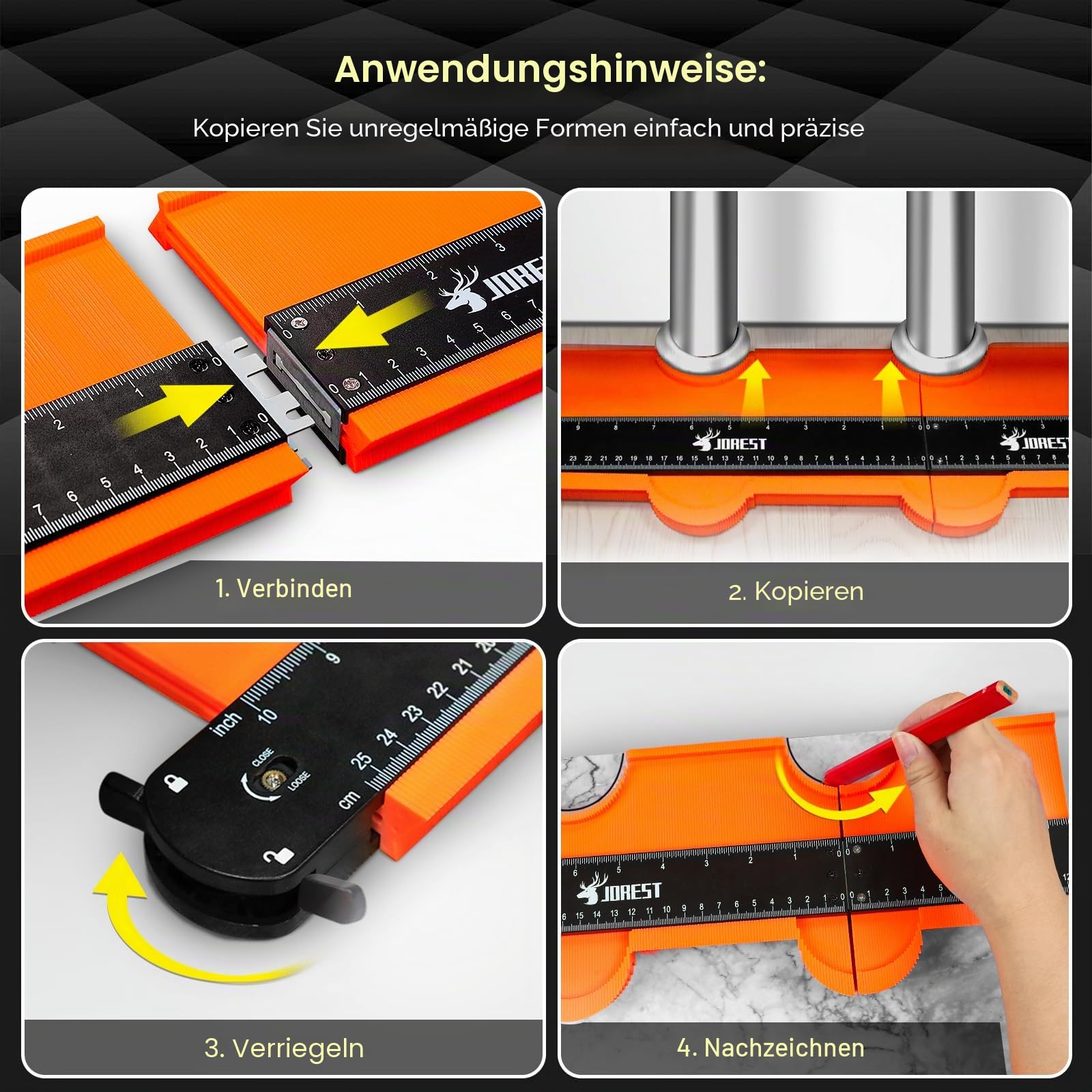 JOREST Anschließbare Konturenlehre 25+12cm, Weihnachtsgeschenke für Vater Männer Handwerker, Konturenlehr Groß Feststell, Konturschablone, Vervielfältigungslehre, Laminat Schablone, Konturmessgerät