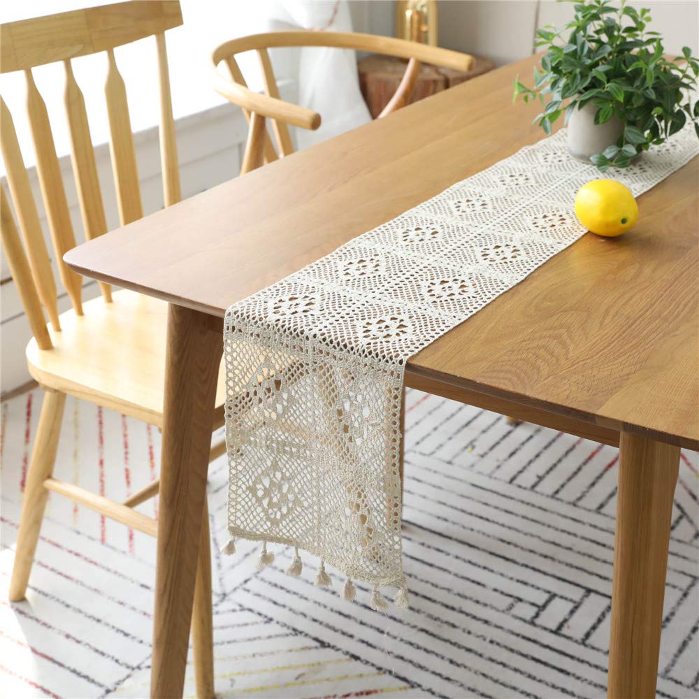 Runner da tavolo in macramè beige, runner da tavolo in pizzo vintage da