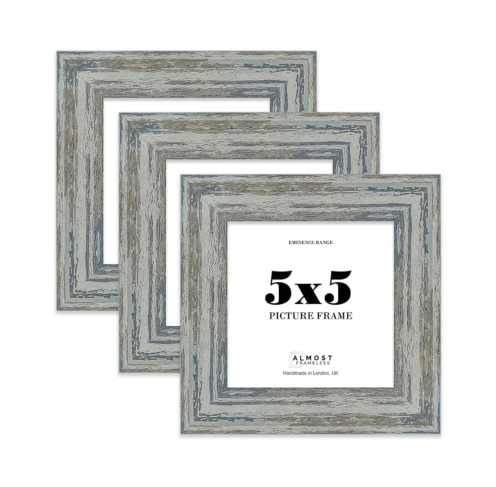 5x5" Distressed Blue Picture Frame - Rustic Wood Industrial Effect Photo Frame for Wall Display, Ideal for Posters, Prints & Home Décor, Wall Hooks and Kickstand, 32mm Edge - 3 Pack
