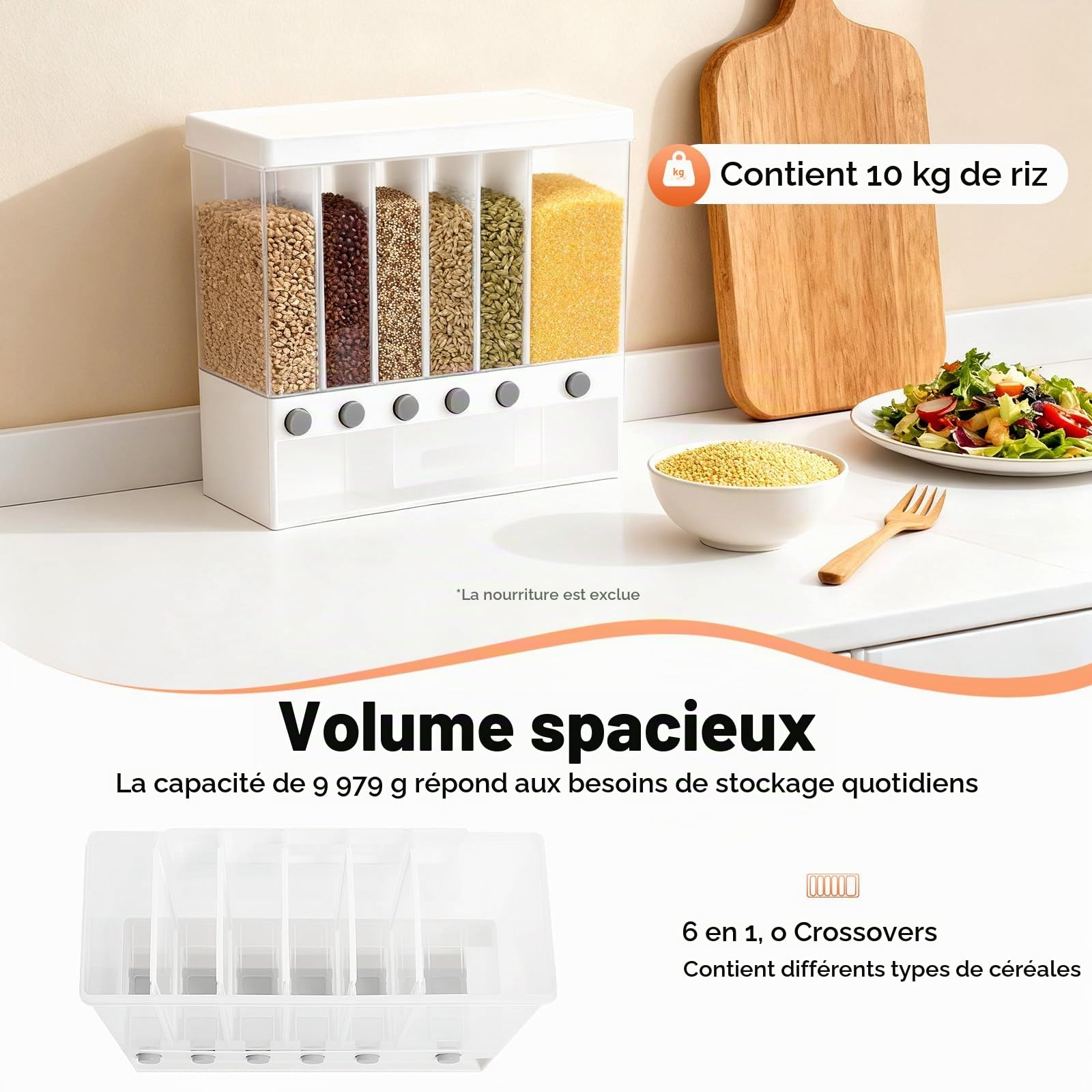 Distributeur Céréales 6 Compartiments Réservoir Alimentaire à Grains Secs avec Tasse Boîte de Rangement pour Cuisines Stockage Hermétique pour Salles à Manger, Garde-manger