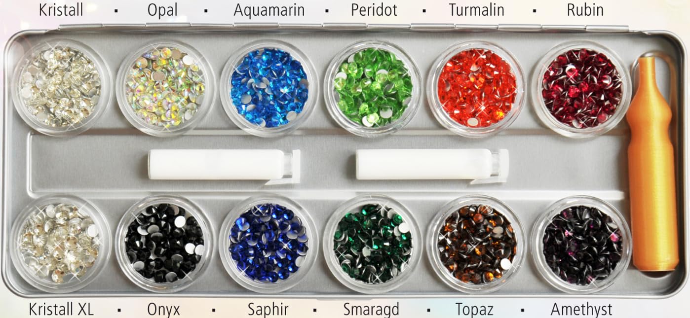 Eulenspiegel 212295 - Glitzersteine fürs Gesicht, Metallpallette, 12 x 2,5 g, inklusive Applikator, Wimpernkleber, Schwämmchen, für Festivals, Karneval